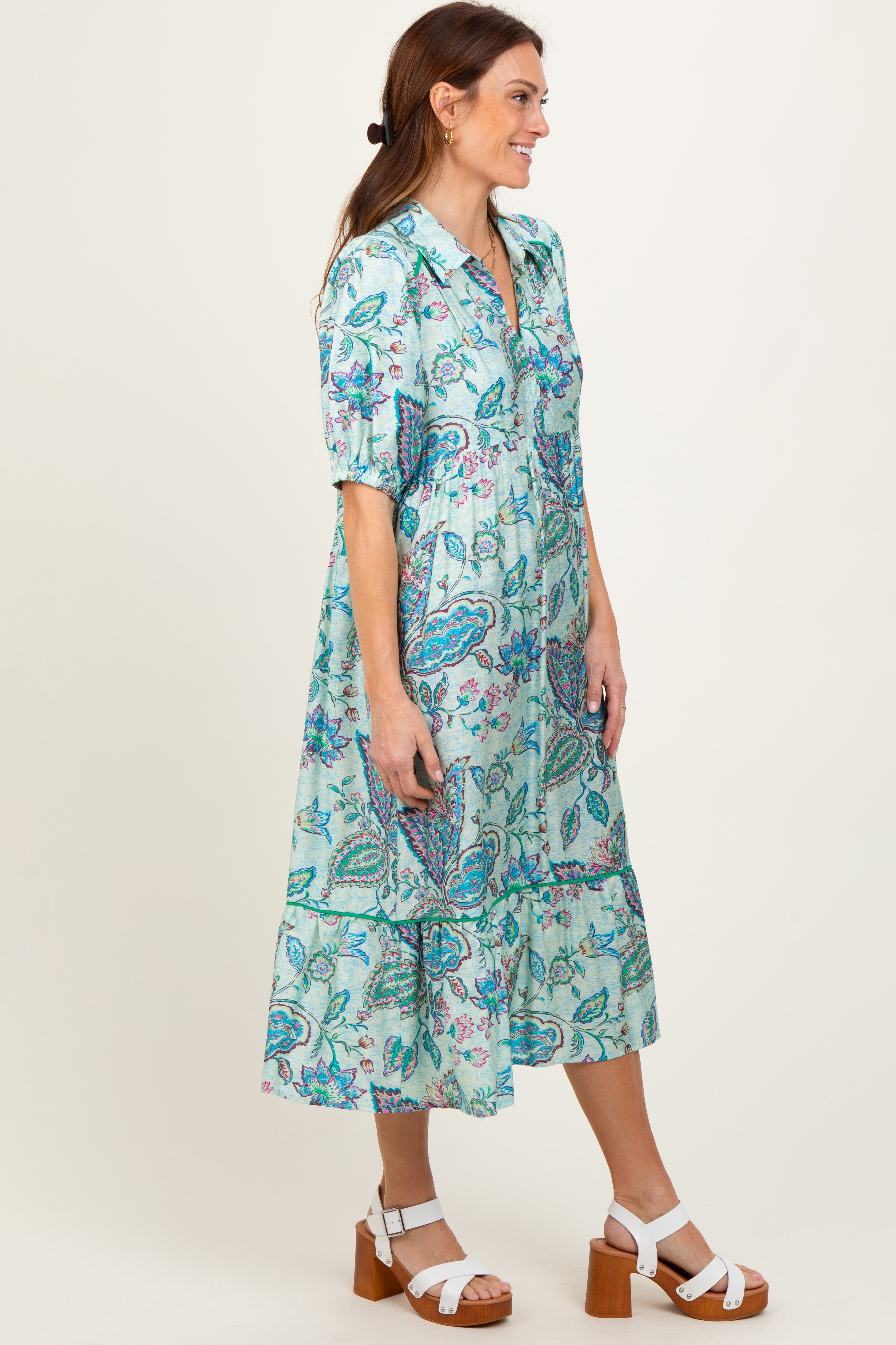 Aqua Paisley Collared Ruffle Hem Midi Dress PinkBlush
