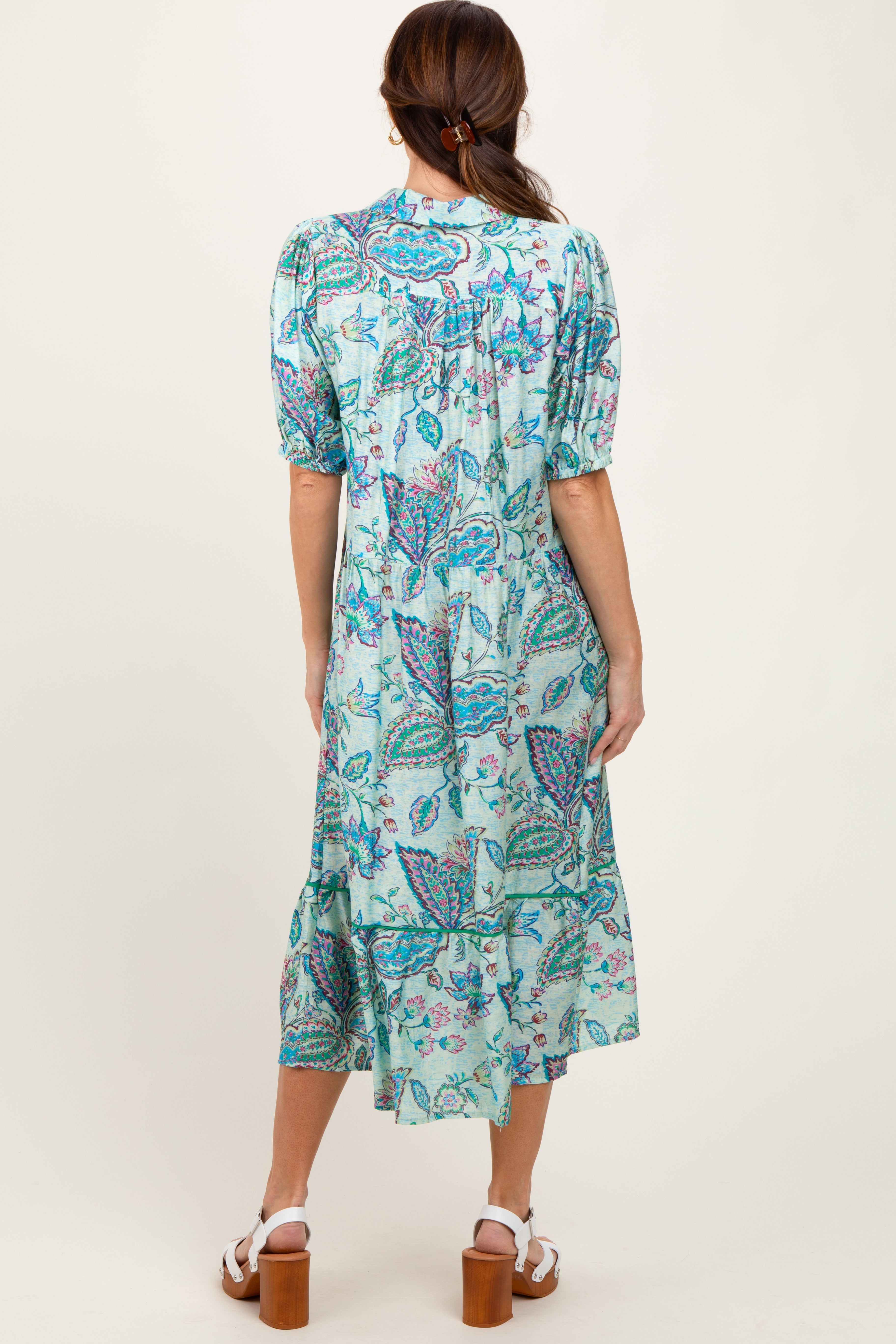 Aqua Paisley Collared Ruffle Hem Midi Dress PinkBlush