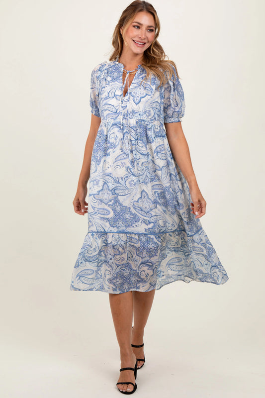 Blue Paisley Front Tie Ruffle Trim Midi Dress PinkBlush