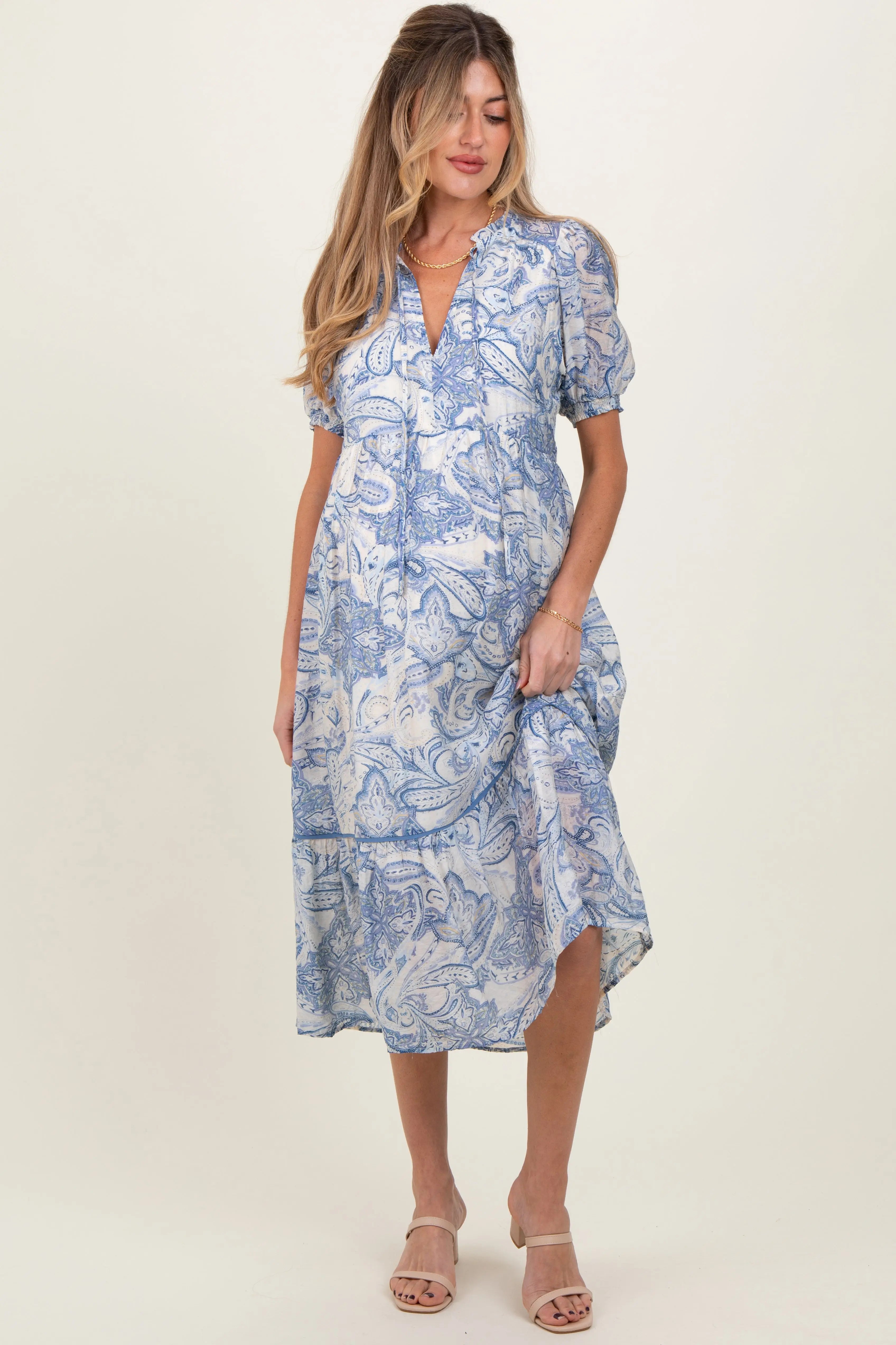 Blue Paisley Front Tie Ruffle Trim Maternity Midi Dress PinkBlush