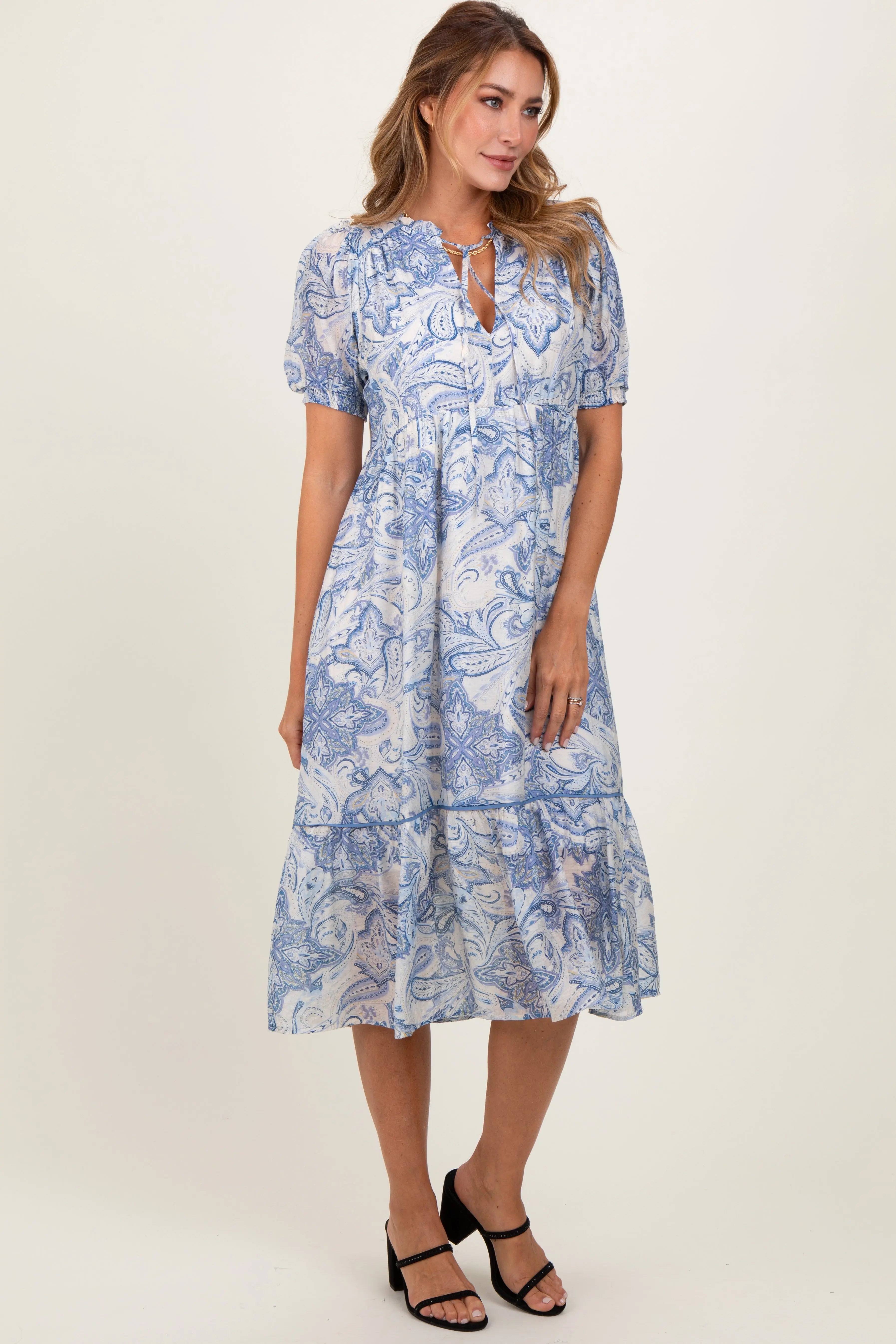 Blue Paisley Front Tie Ruffle Trim Midi Dress PinkBlush