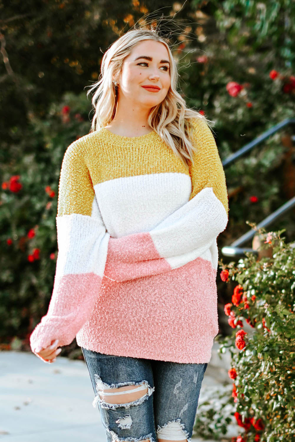 Vibrant yellow colorblock plus size sweater with bubble sleeves