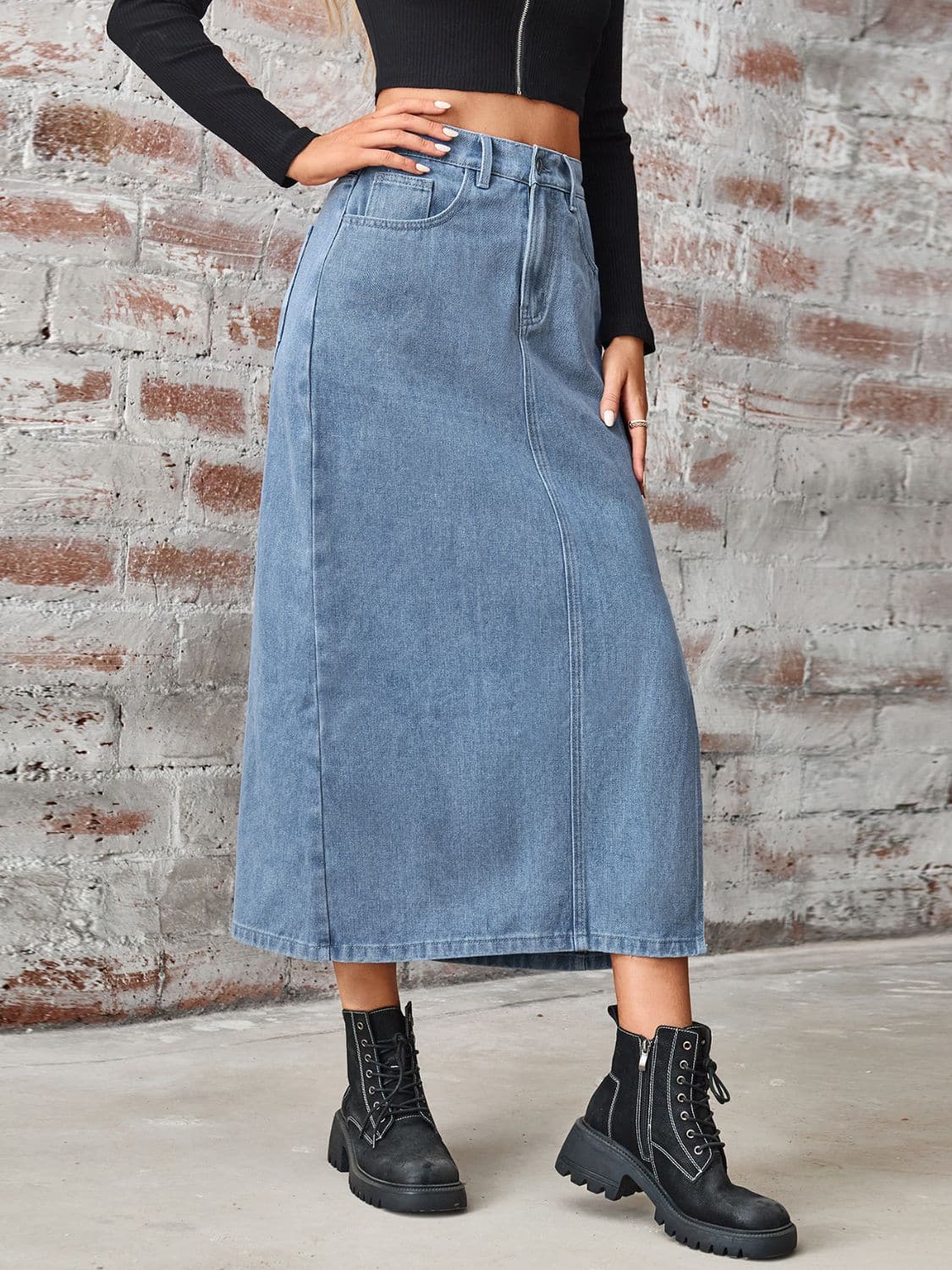 Slit High Waist Denim Skirt with Pockets.