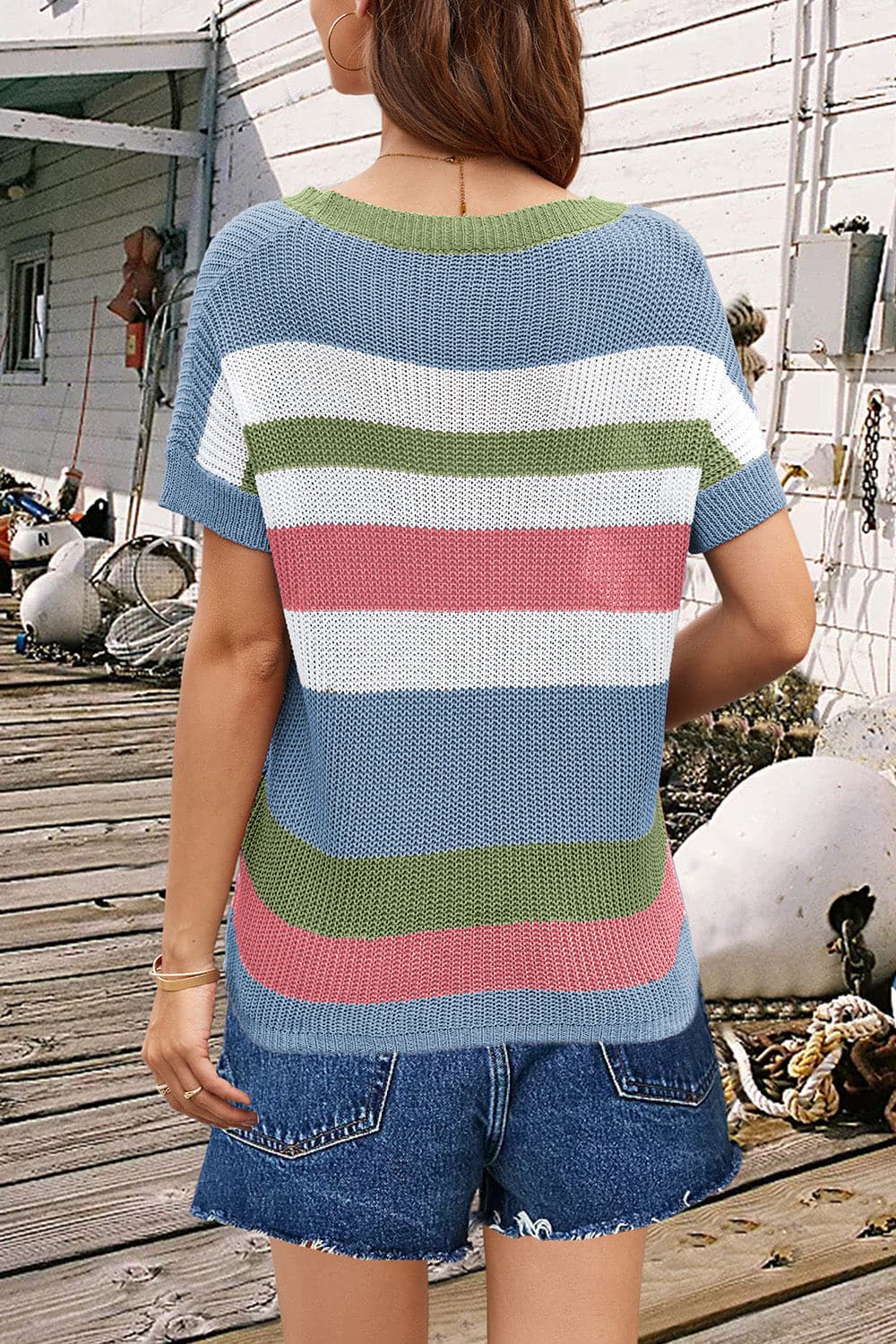 Striped Round Neck Short Sleeve Knit Top.