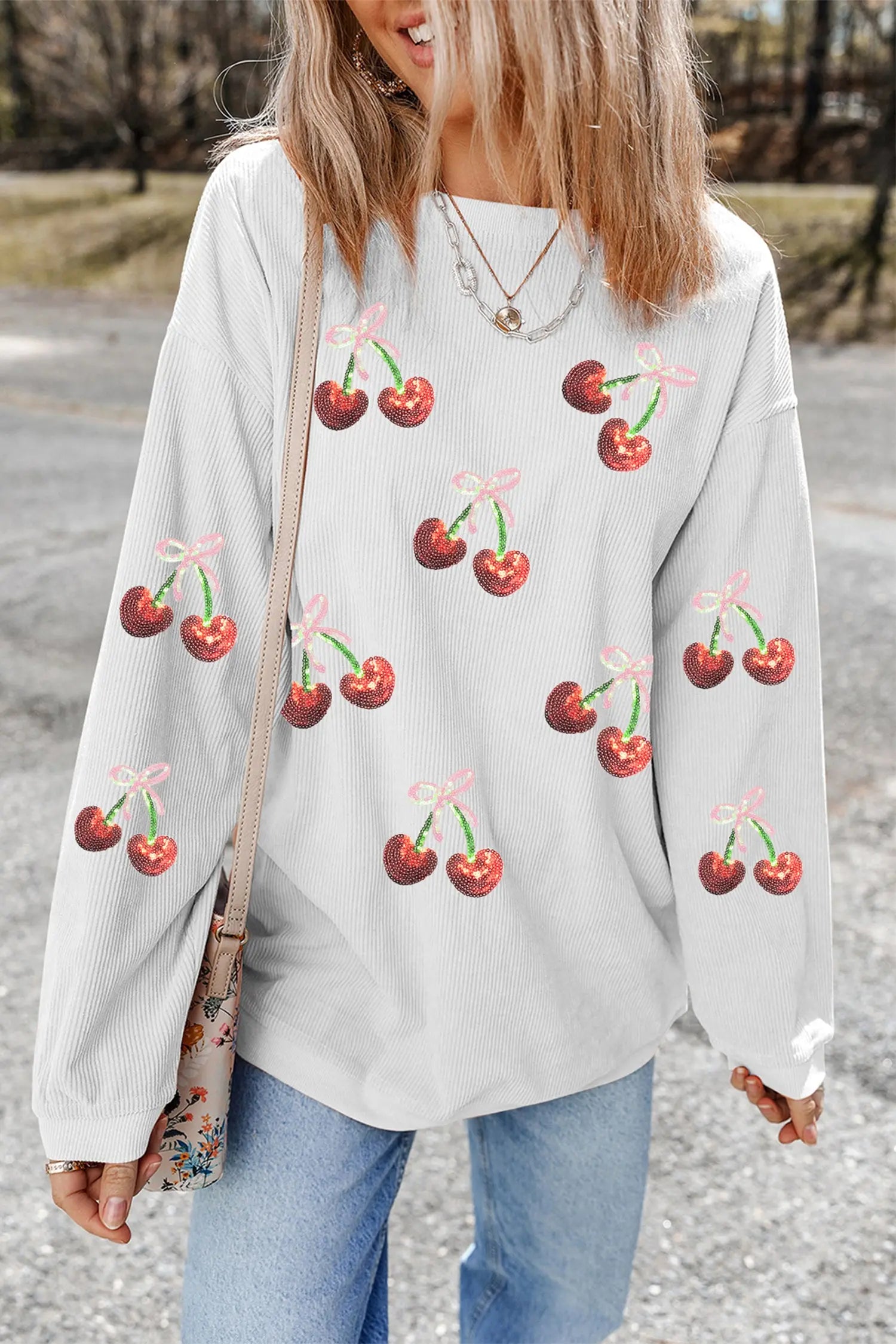 White Corded Ribbed Sequin Cherry Bow Patched Drop Shoulder Sweatshirt Dear-Lover Dropshipping