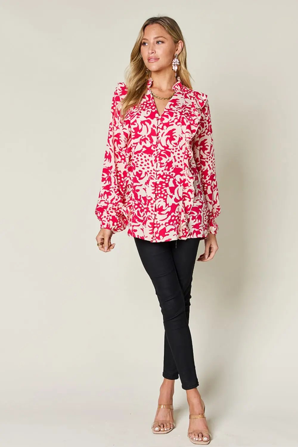 Double Take Full Size Printed Ruffle Trim Balloon Sleeve Shirt - Love Salve