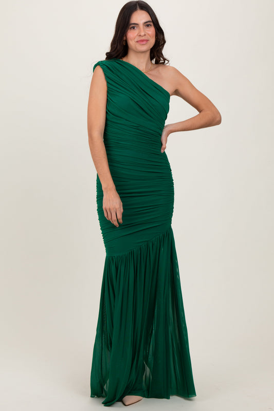 Forest Green Ruched Mesh One Shoulder Maxi Dress PinkBlush