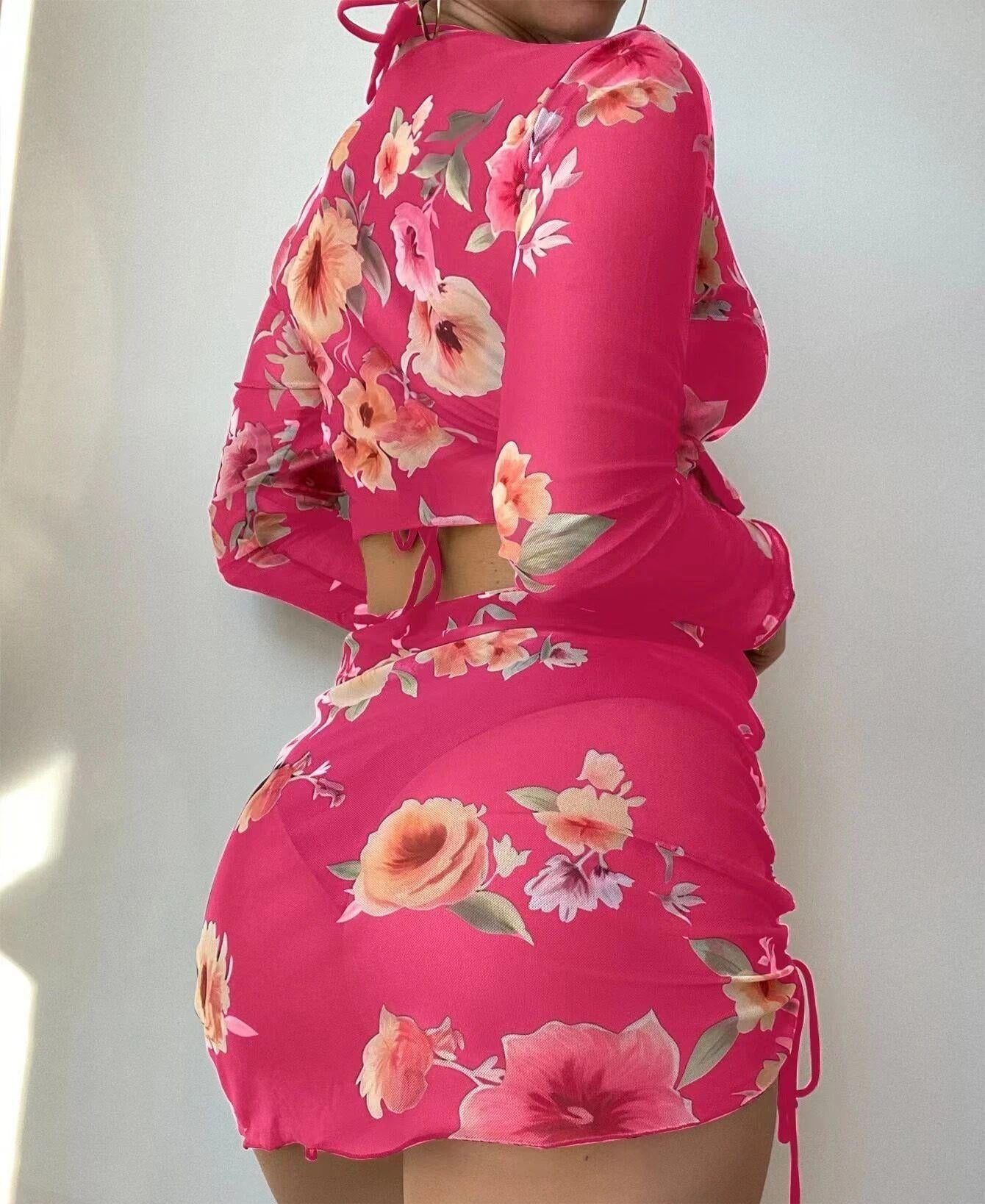 Four Piece Swimsuit Sexy Split Printed Mesh Long Sleeve Swimsuit High Profile Figure Bella Mia