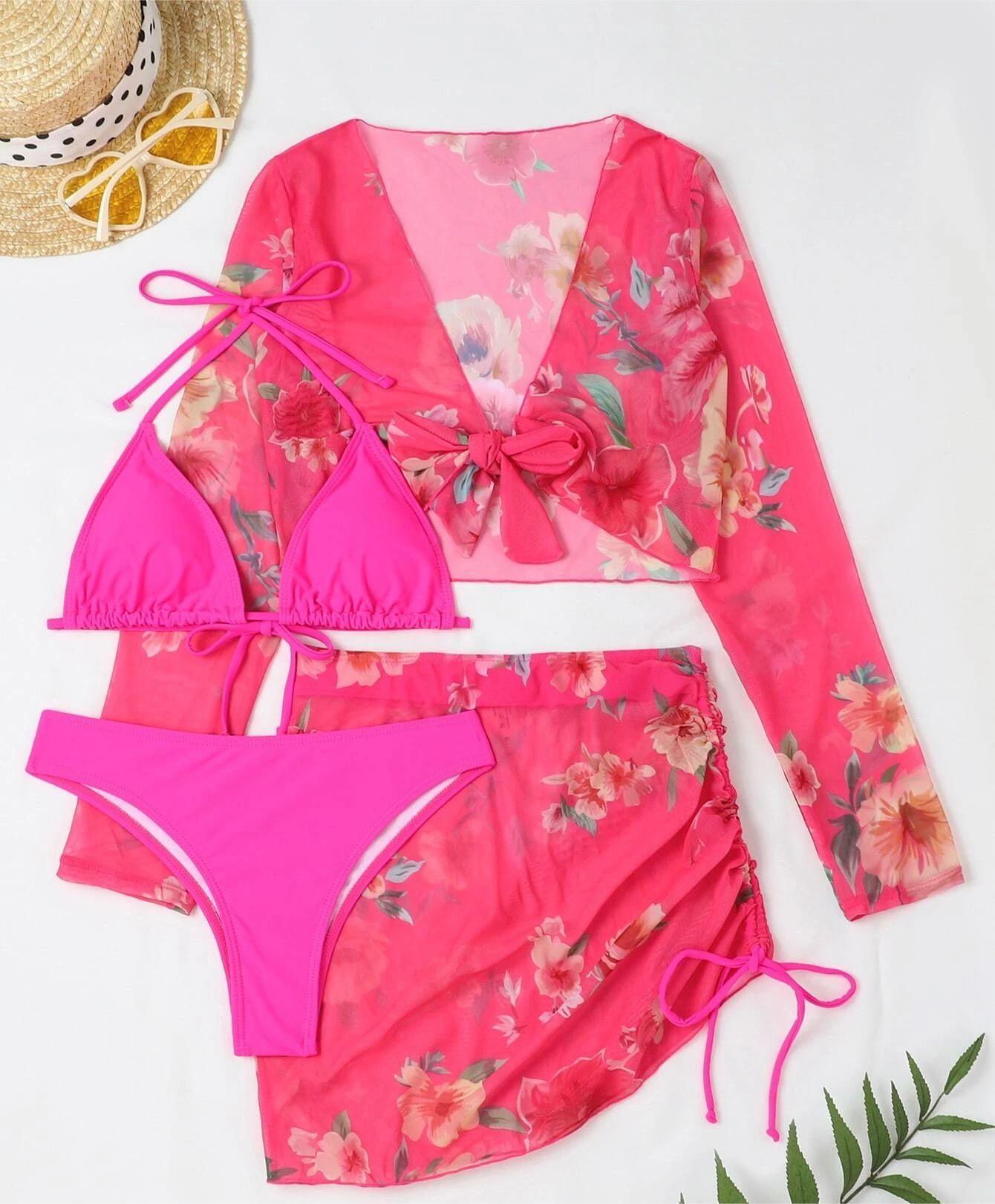 Four Piece Swimsuit Sexy Split Printed Mesh Long Sleeve Swimsuit High Profile Figure Bella Mia