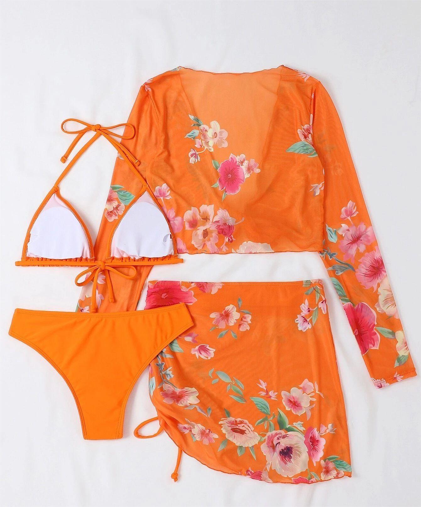 Four Piece Swimsuit Sexy Split Printed Mesh Long Sleeve Swimsuit High Profile Figure Bella Mia