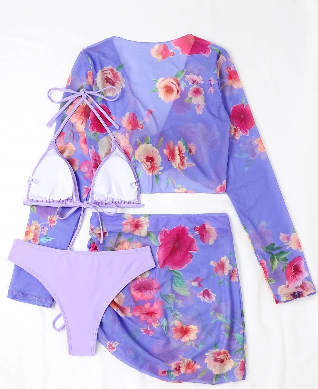 Four Piece Swimsuit Sexy Split Printed Mesh Long Sleeve Swimsuit High Profile Figure Bella Mia