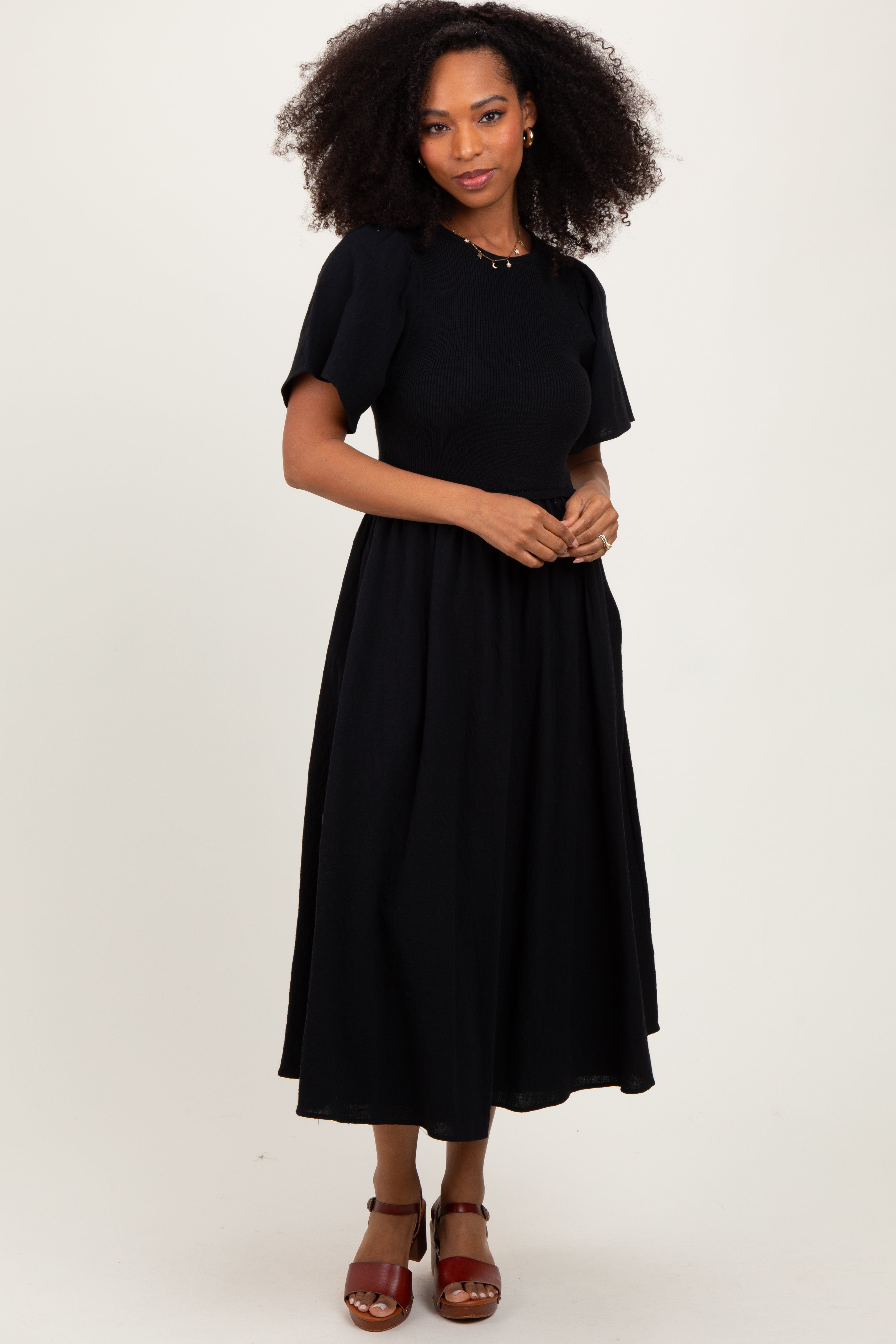 Black Ribbed Knit Contrast Top Maternity Midi Dress PinkBlush