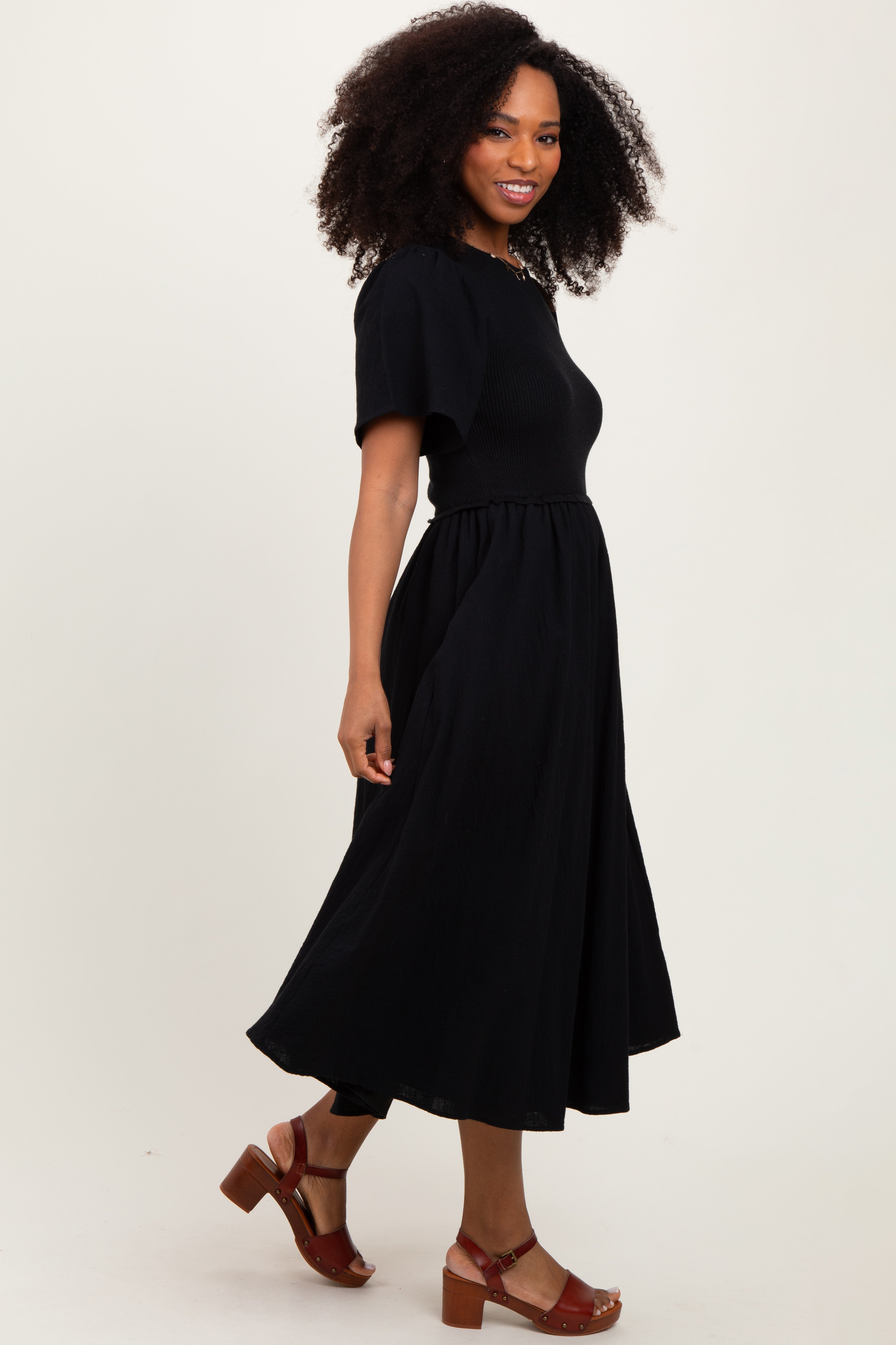 Black Ribbed Knit Contrast Top Midi Dress PinkBlush
