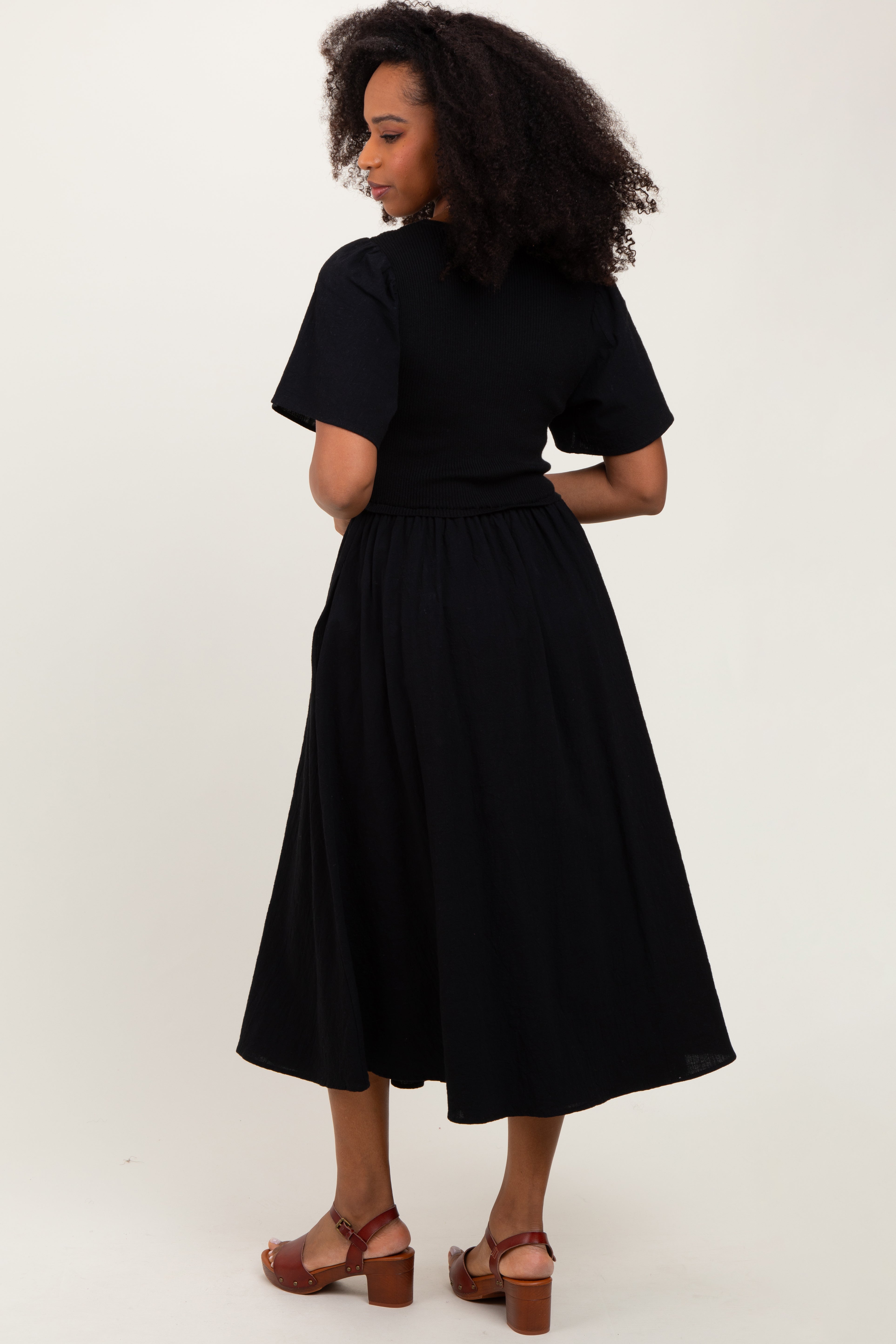Black Ribbed Knit Contrast Top Midi Dress PinkBlush