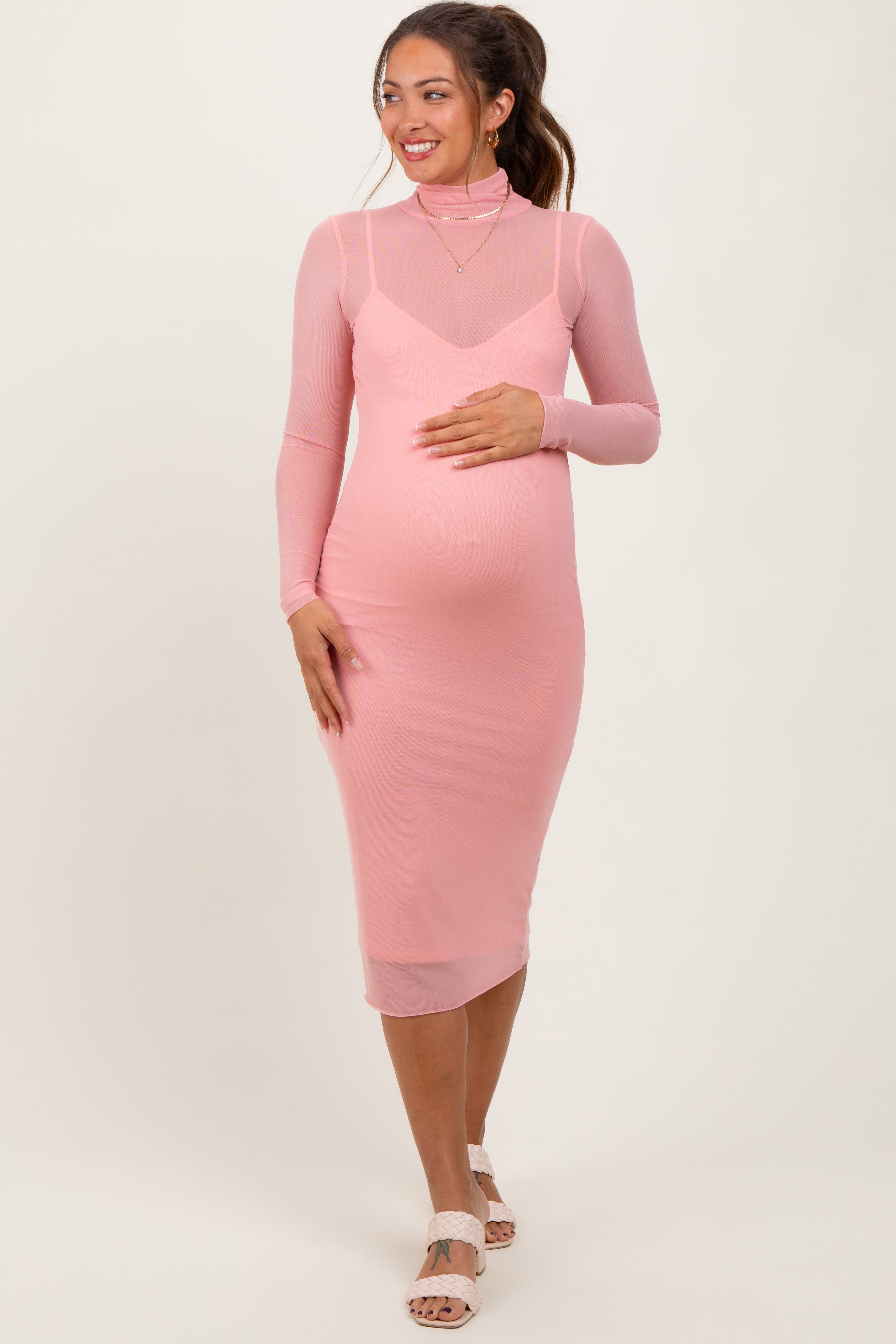 Coral Mesh Overlay Fitted Maternity Midi Dress PinkBlush