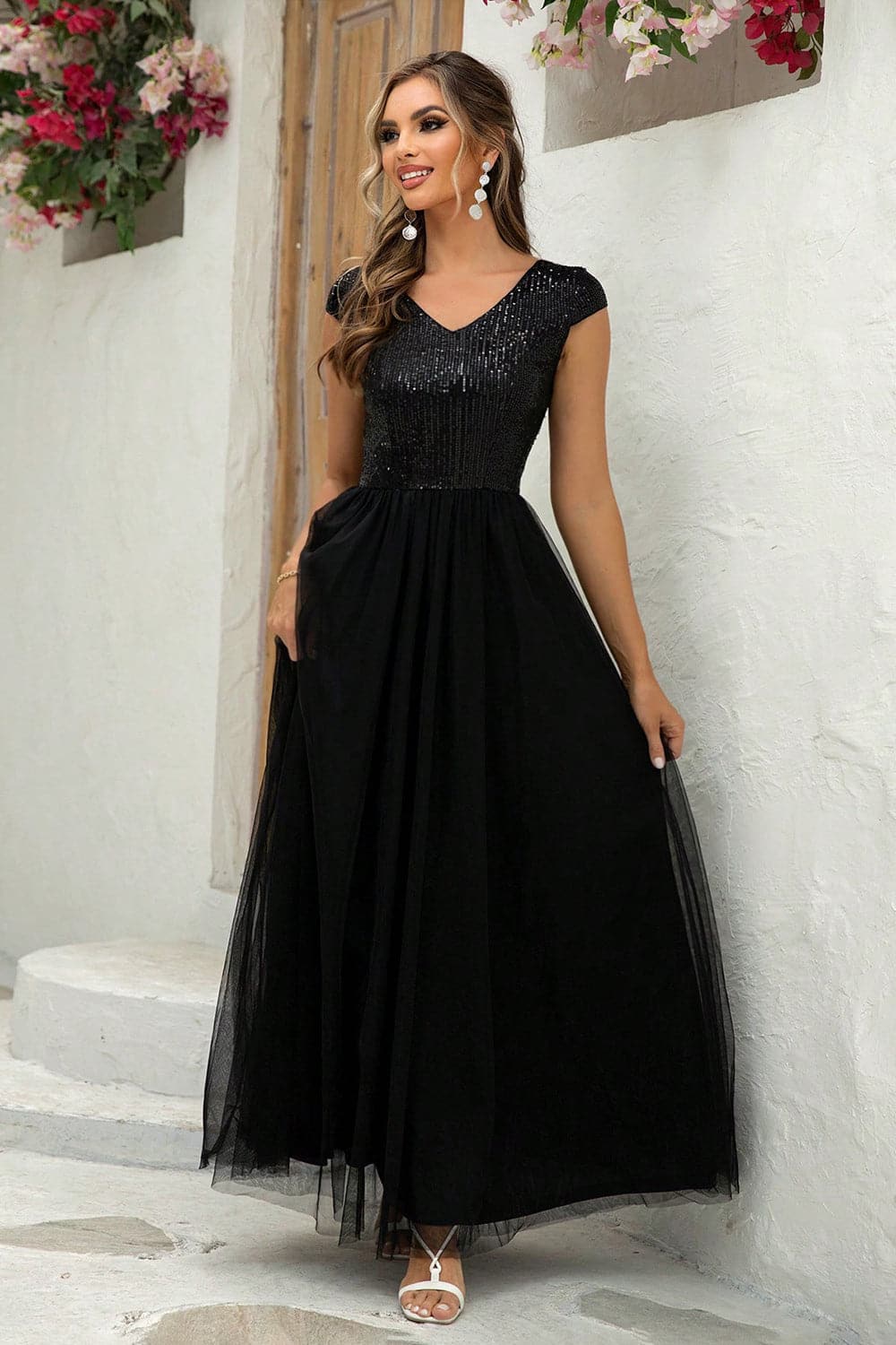 Sequin V-Neck Mesh Maxi Dress.