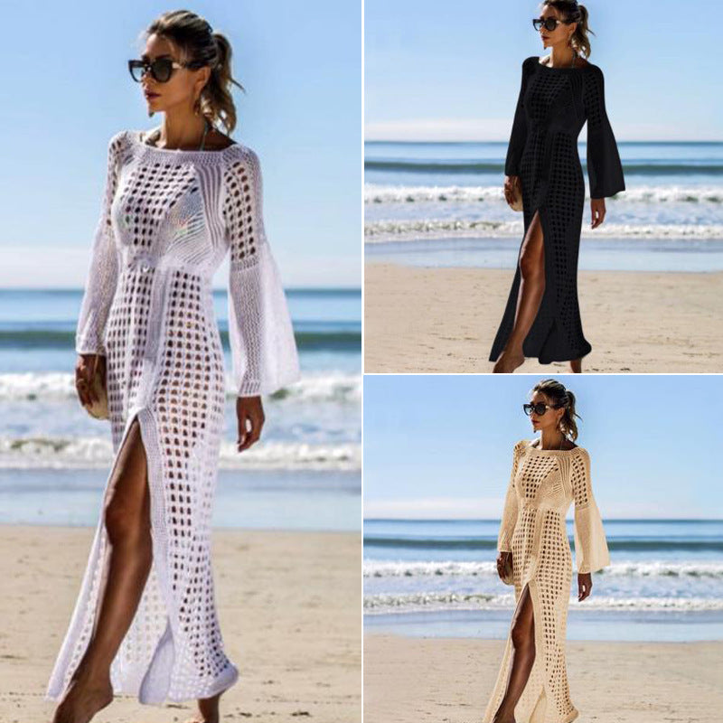 Sexy Crochet Beach Skirt Long Sleeve Split Skirt Vacation Dress Swimsuit Blouse Sun Protection Clothing Crochet hook Bella Mia