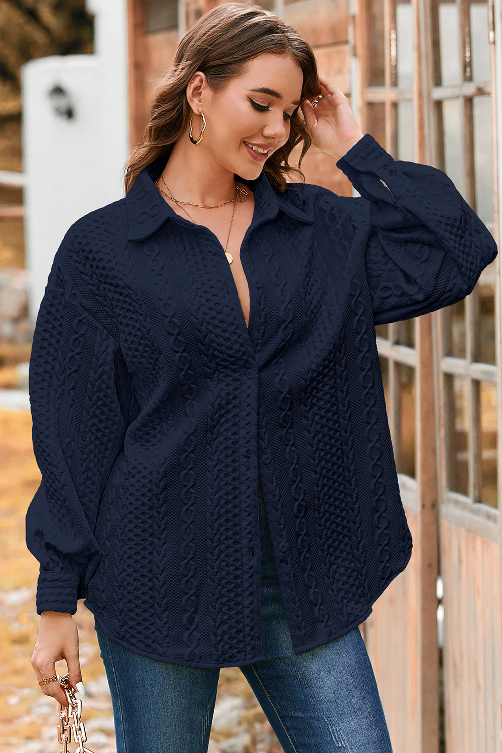 Navy Blue Cable Texture Puff Sleeve Loose Shacket Outfit