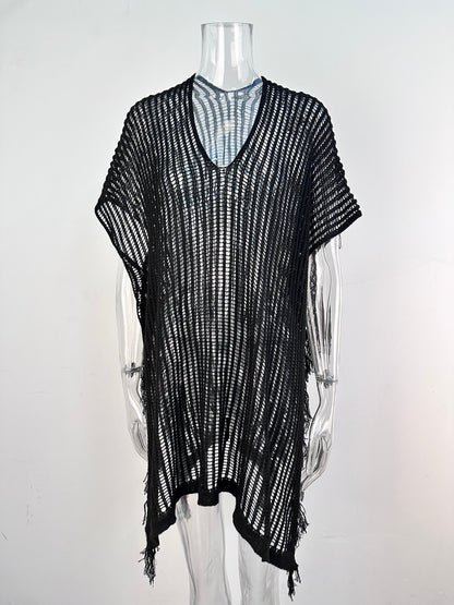 Summer Mid Length V neck Hollow Out Cutout Tassel Beachwear Holiday Shirt Seaside Sun Protection Clothing
