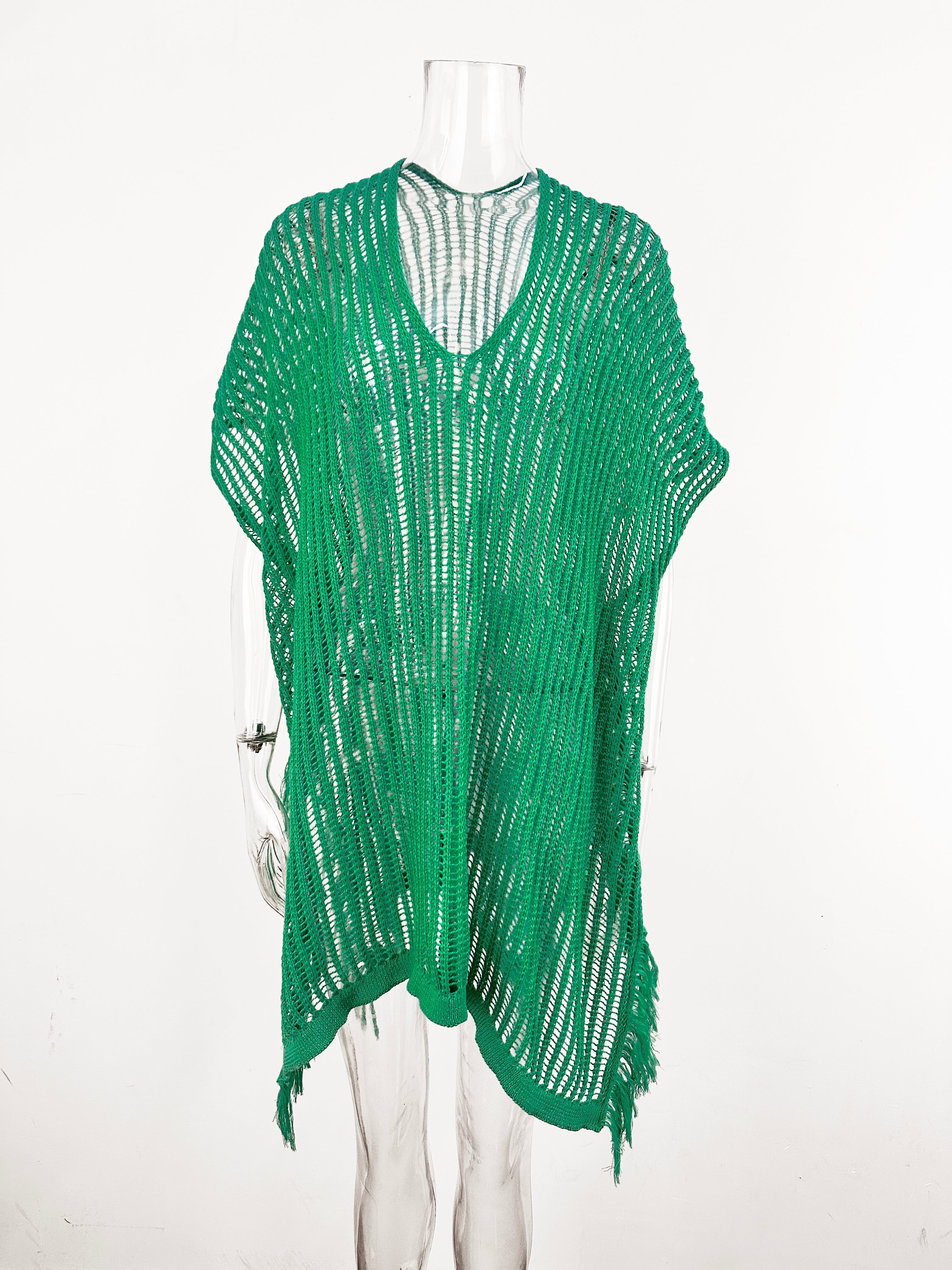 Summer Mid Length V neck Hollow Out Cutout Tassel Beachwear Holiday Shirt Seaside Sun Protection Clothing Bella Mia