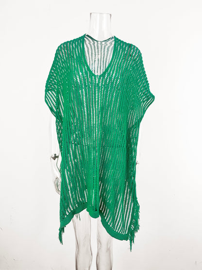 Summer Mid Length V neck Hollow Out Cutout Tassel Beachwear Holiday Shirt Seaside Sun Protection Clothing