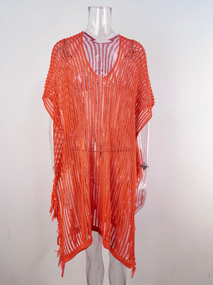 Summer Mid Length V neck Hollow Out Cutout Tassel Beachwear Holiday Shirt Seaside Sun Protection Clothing