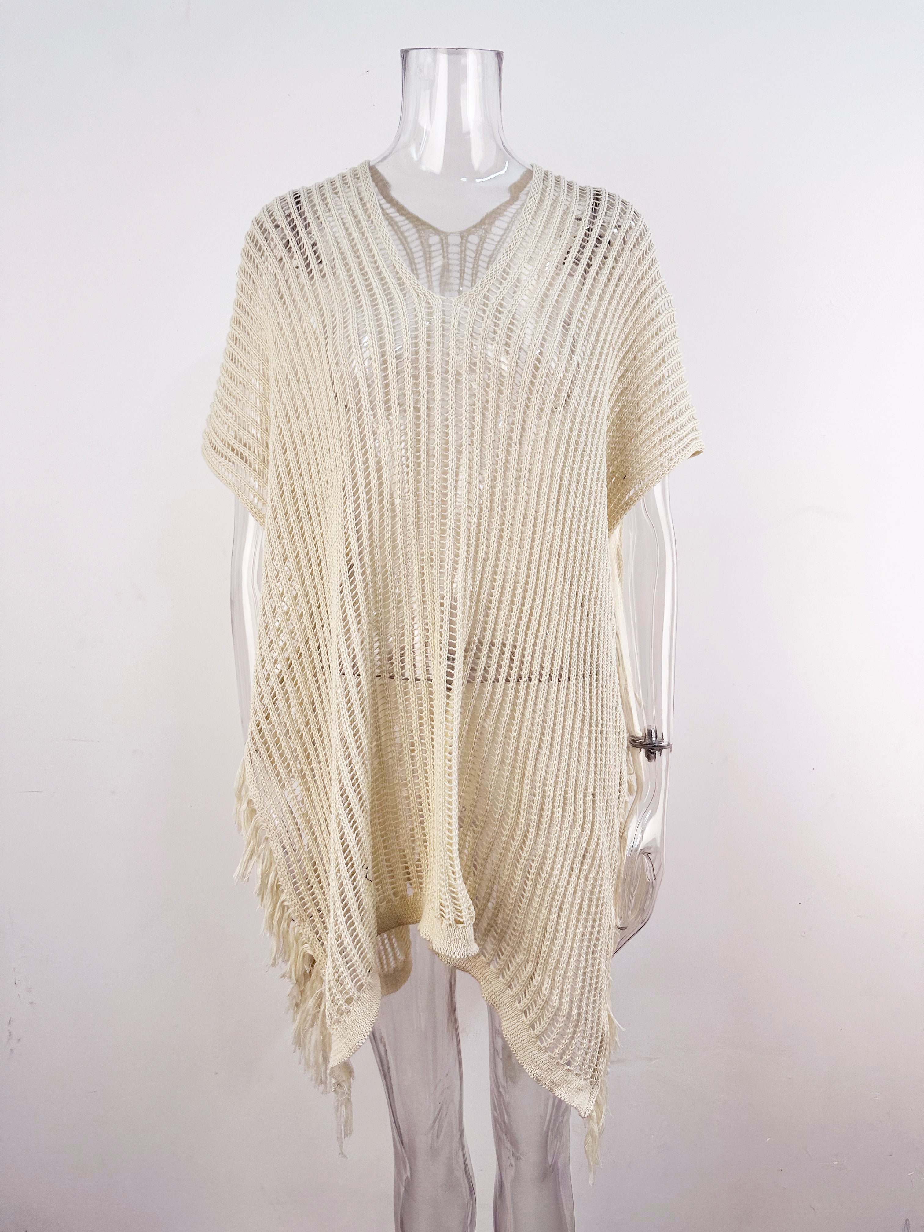 Summer Mid Length V neck Hollow Out Cutout Tassel Beachwear Holiday Shirt Seaside Sun Protection Clothing Bella Mia