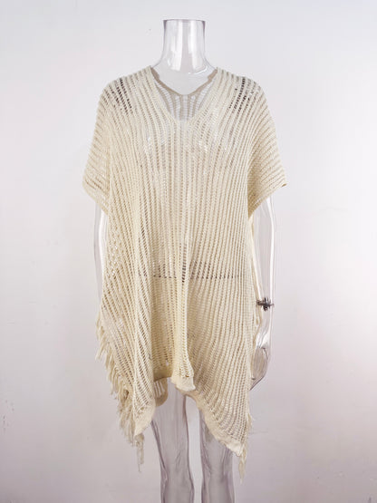 Summer Mid Length V neck Hollow Out Cutout Tassel Beachwear Holiday Shirt Seaside Sun Protection Clothing