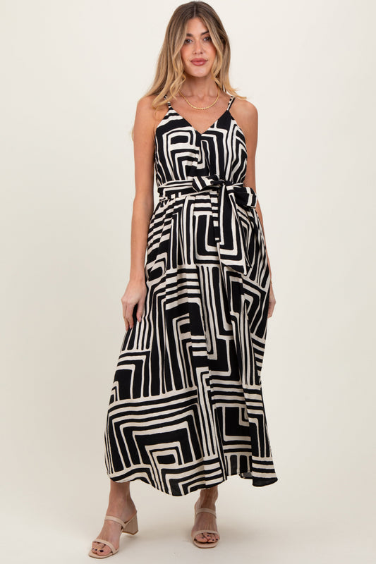 Black Geometric Print Sash Tie Maternity Maxi Dress PinkBlush