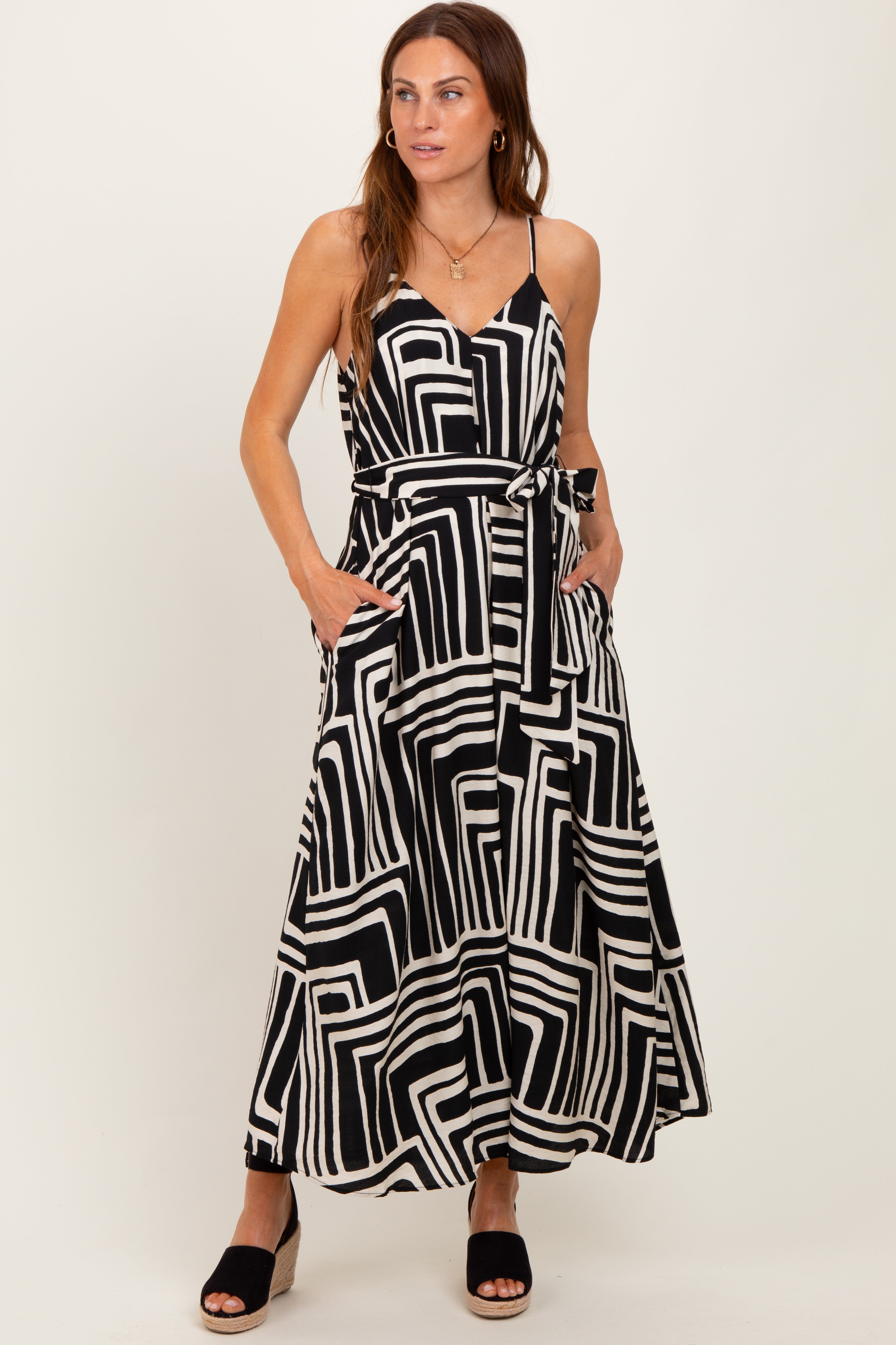 Black Geometric Print Sash Tie Maxi Dress PinkBlush