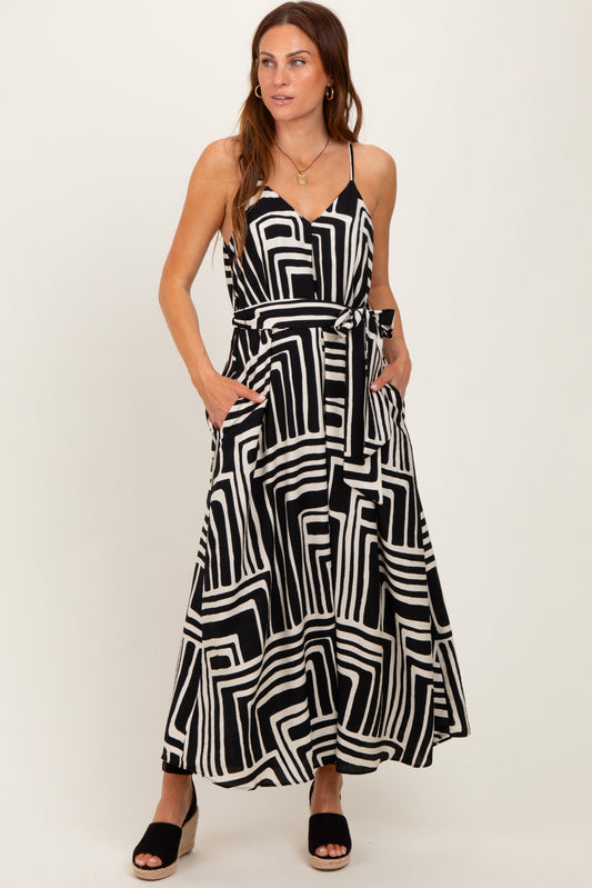 Black Geometric Print Sash Tie Maxi Dress PinkBlush