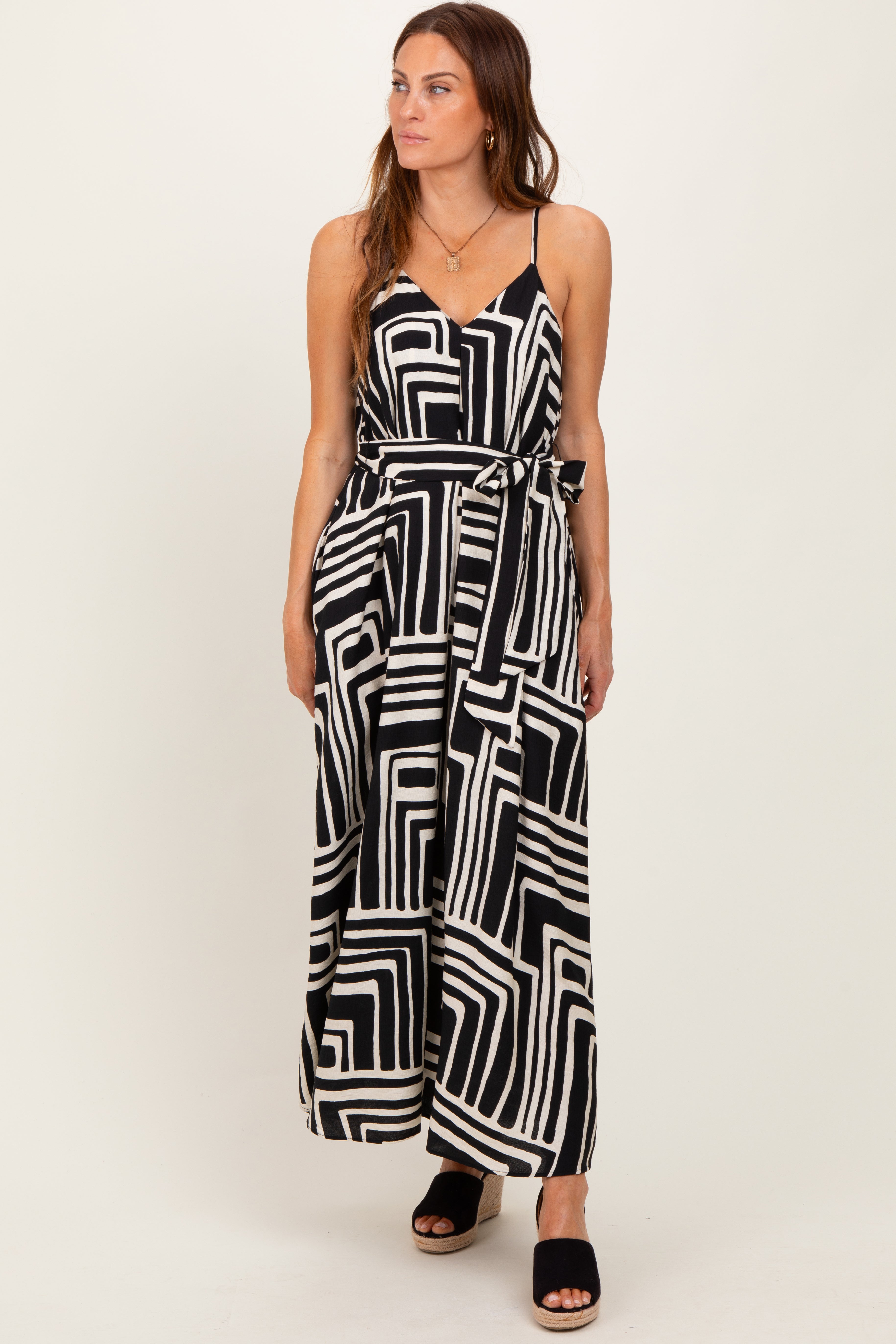 Black Geometric Print Sash Tie Maxi Dress PinkBlush