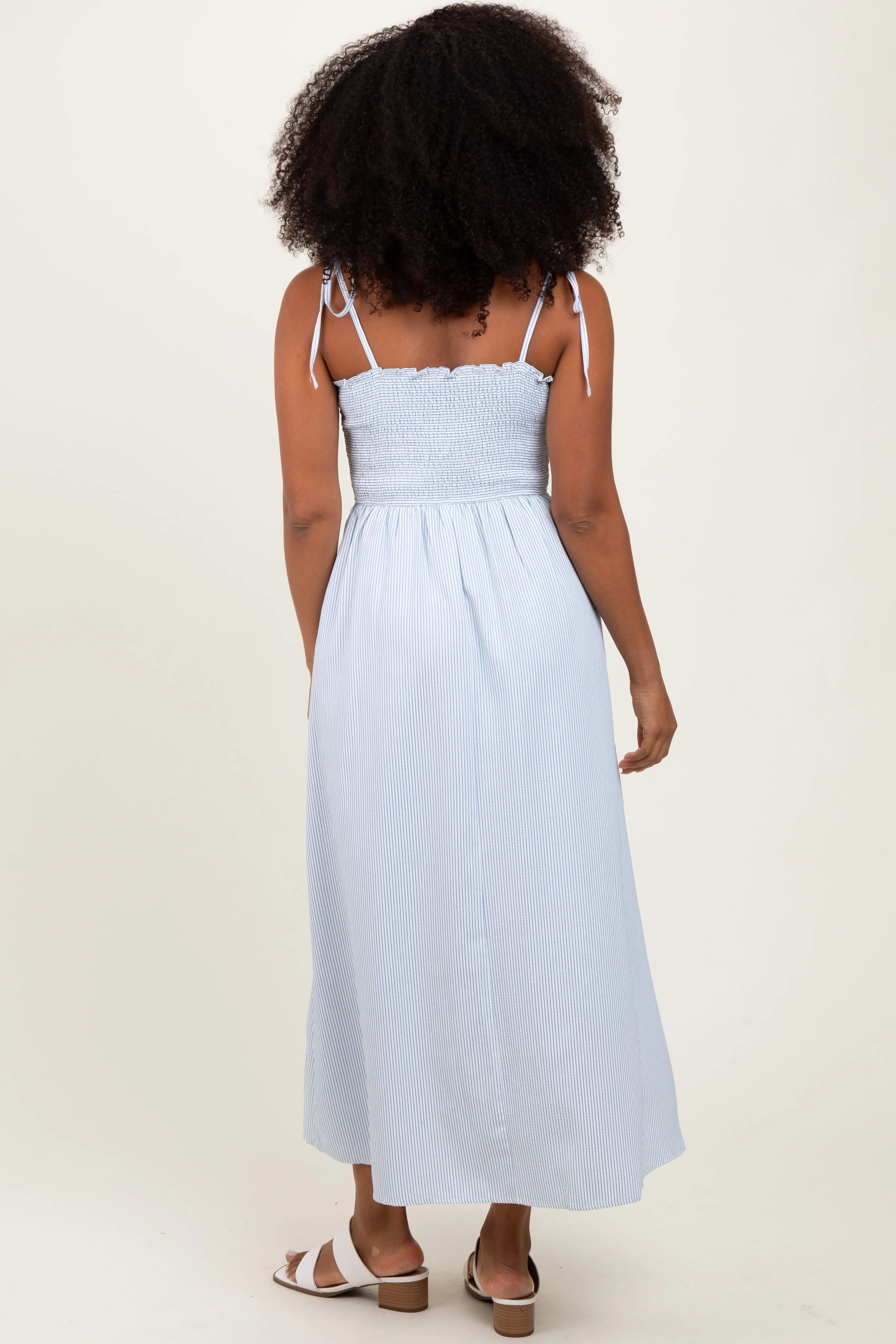 Blue Striped Shoulder Tie Smocked Maxi Dress PinkBlush