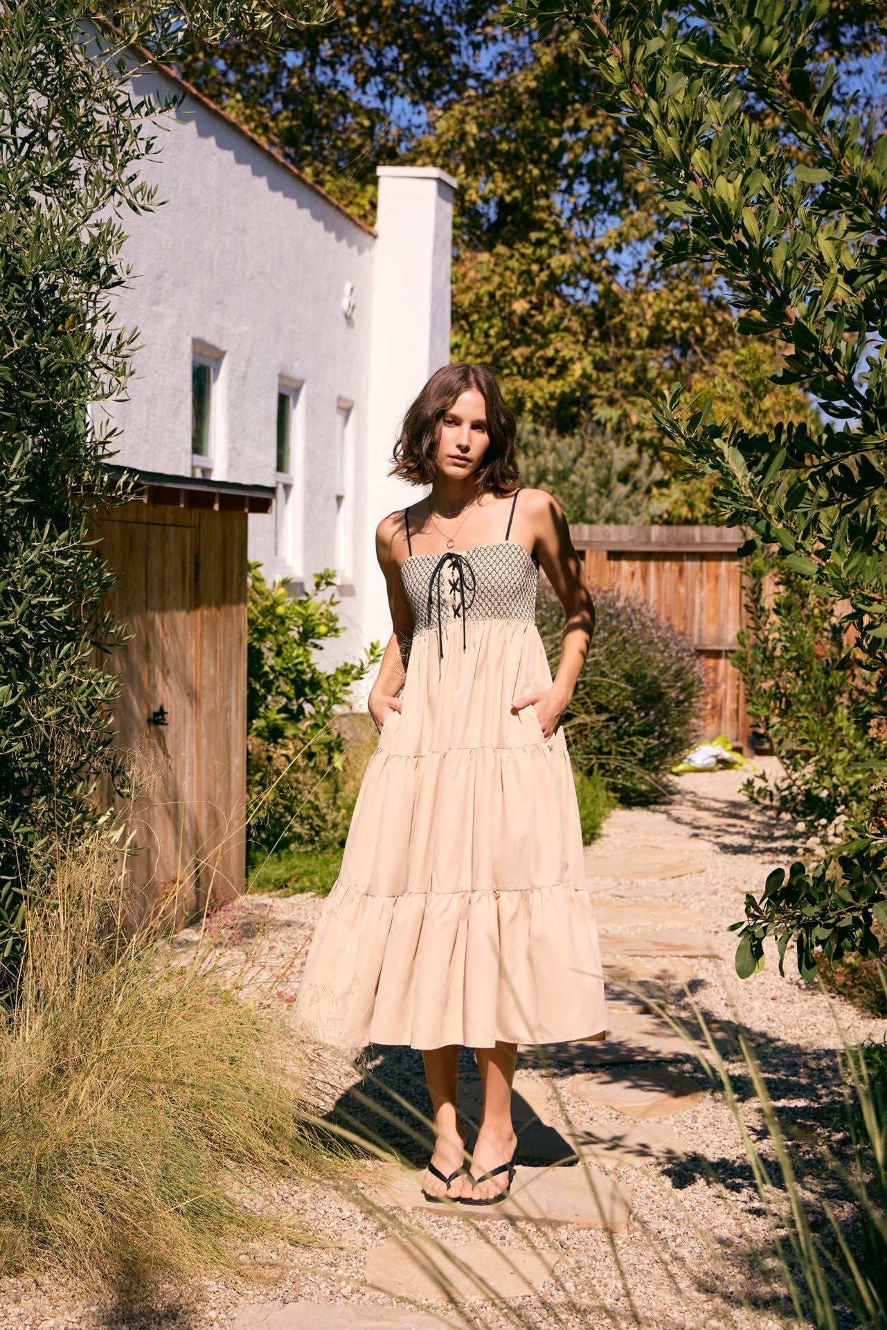 PinkBlush Beige Lace Up Smocked Bodice Tiered Midi Dress - Detail View
