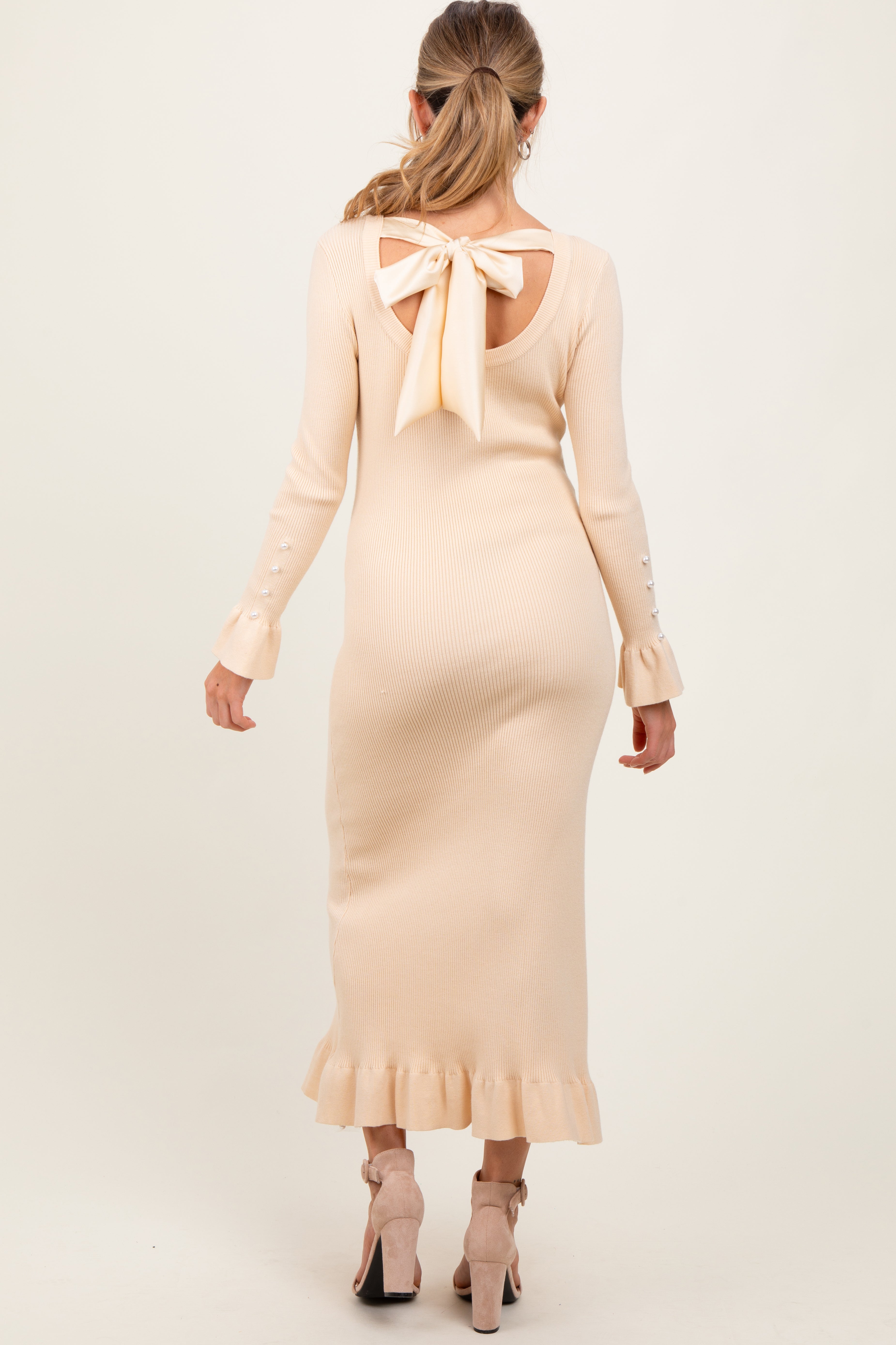 Light Yellow Ribbed Knit Bow Back Maternity Maxi Dress PinkBlush
