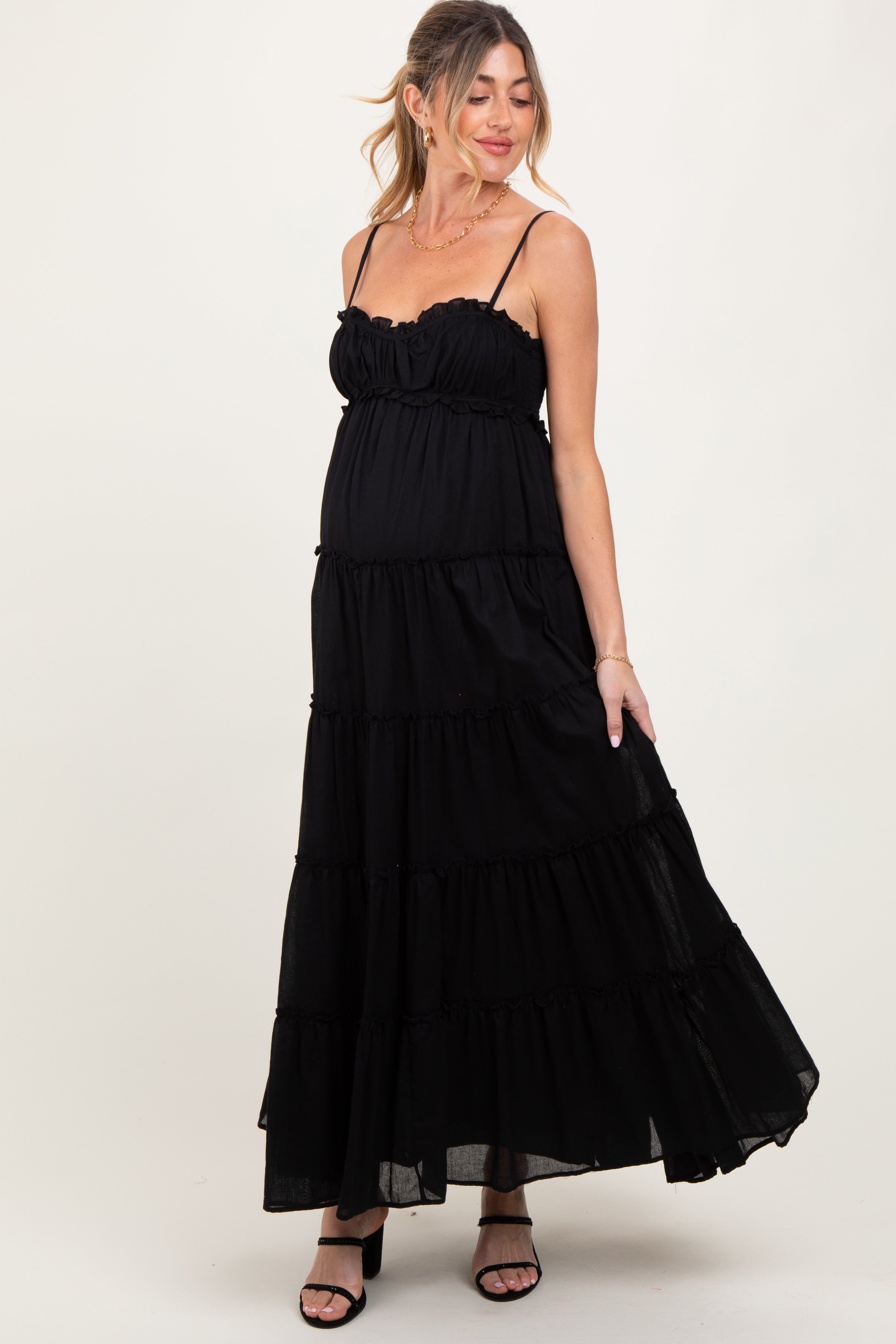 Black Shirred Bust Ruffle Tiered Maternity Maxi Dress PinkBlush