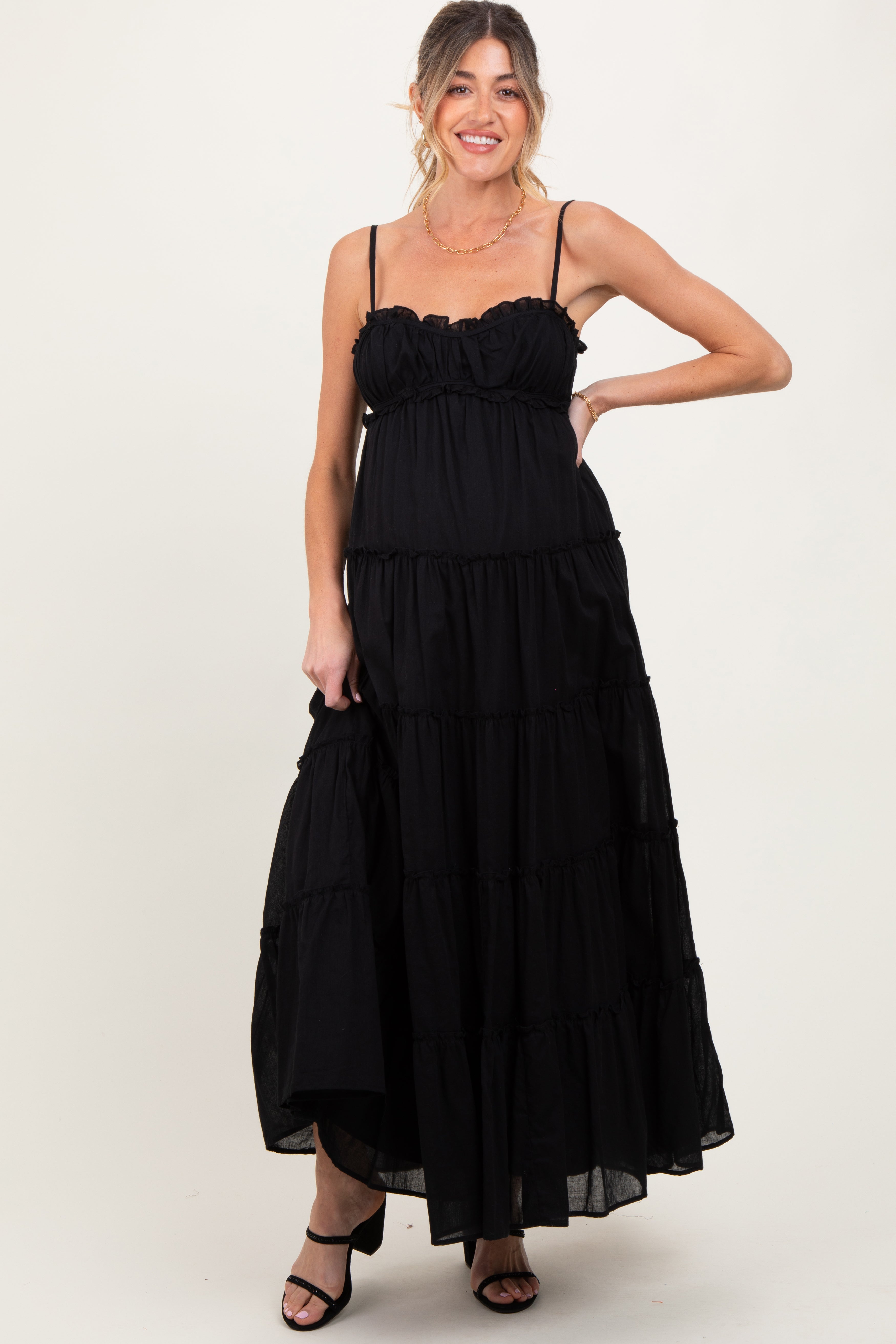 Black Shirred Bust Ruffle Tiered Maternity Maxi Dress PinkBlush
