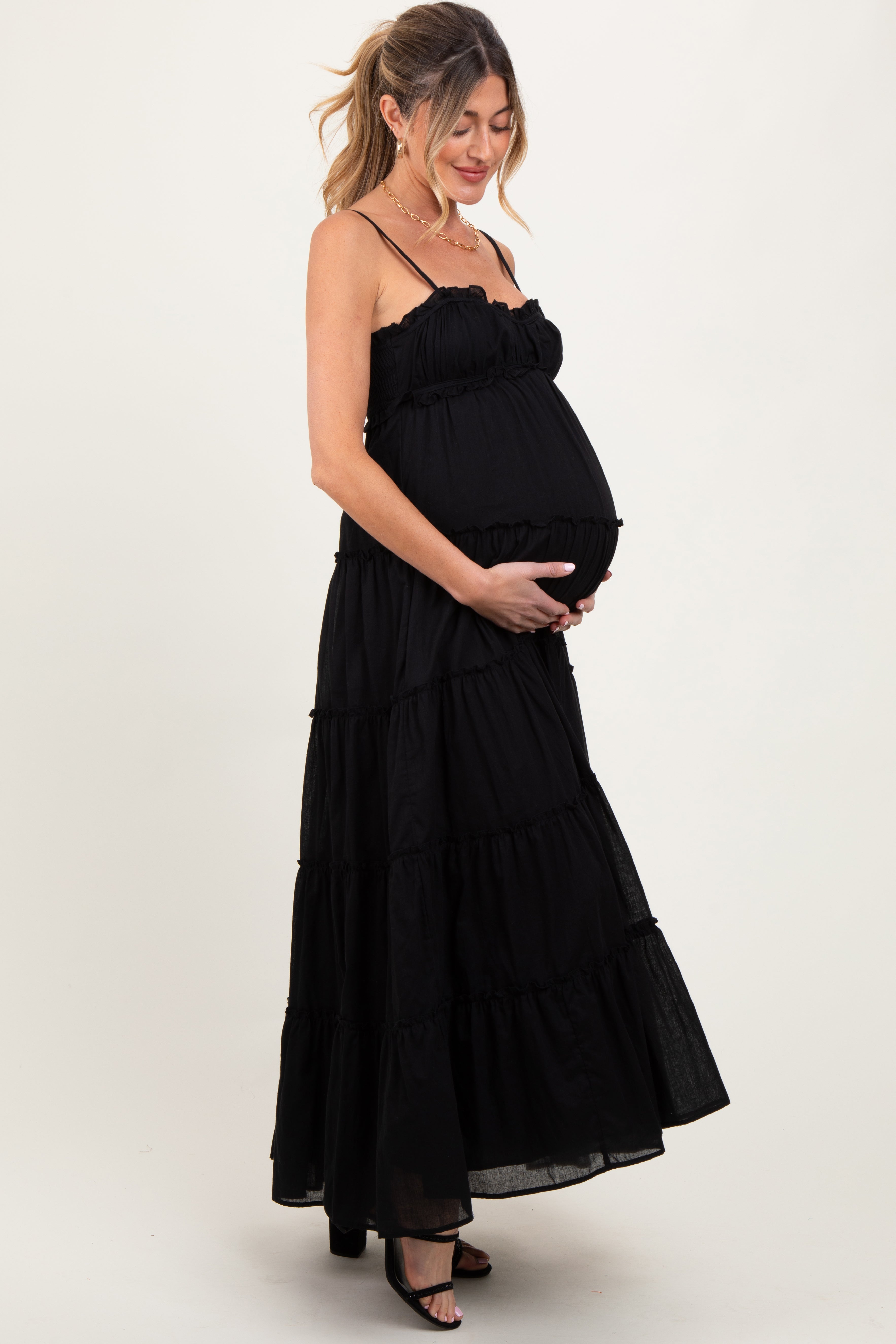 Black Shirred Bust Ruffle Tiered Maternity Maxi Dress PinkBlush