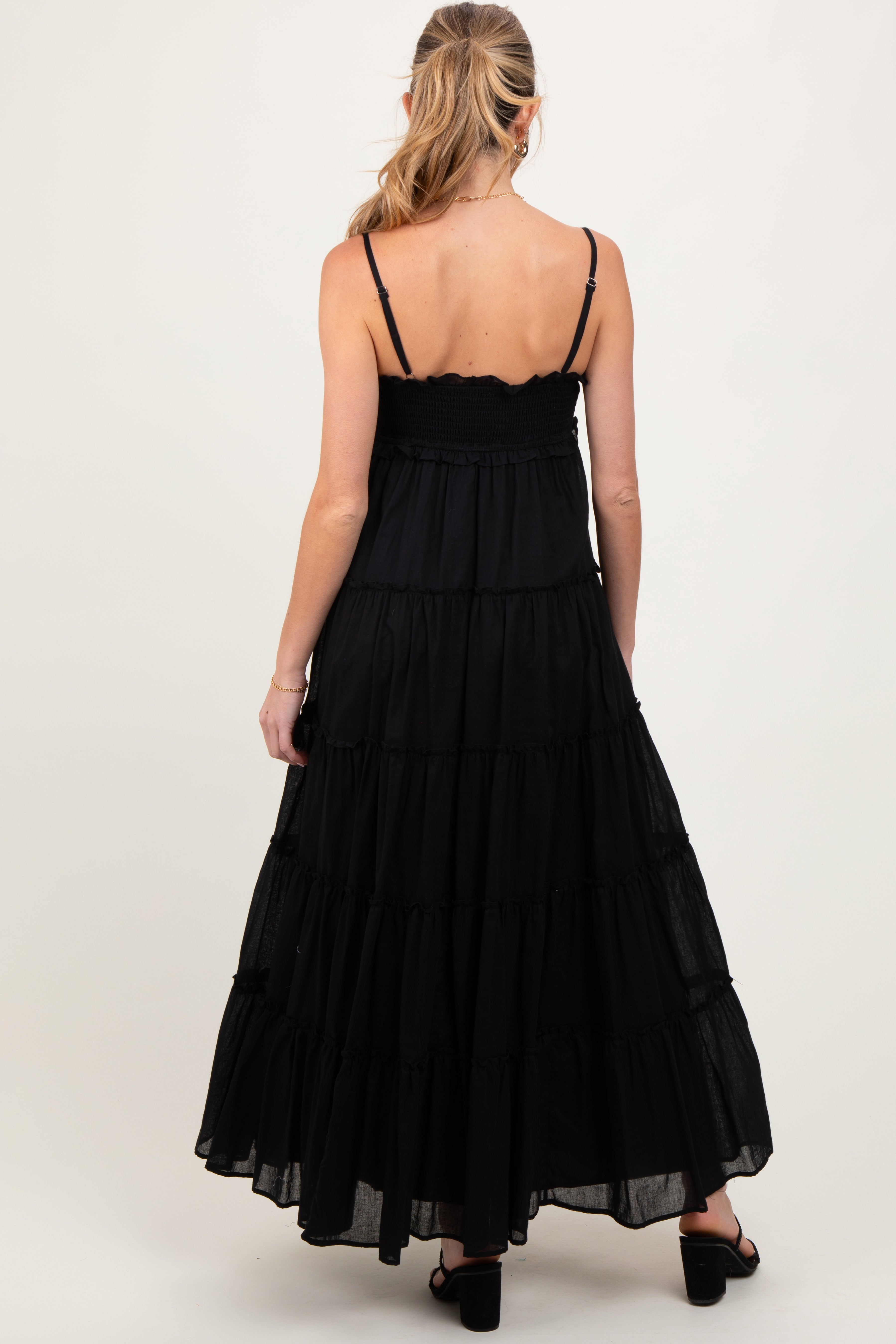 Black Shirred Bust Ruffle Tiered Maternity Maxi Dress PinkBlush