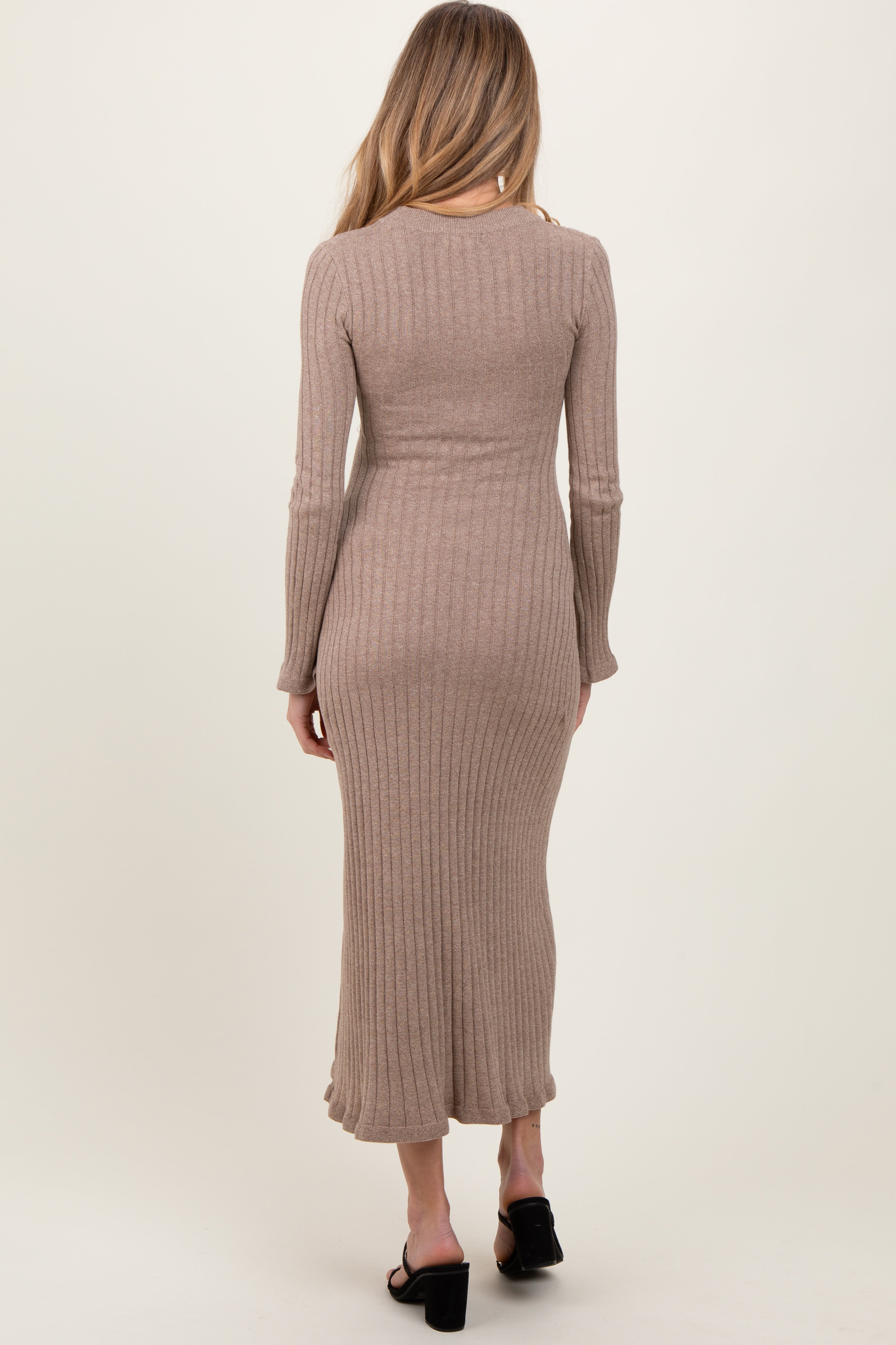 Light Mocha Ribbed Knit Maternity Midi Sweater Dress PinkBlush