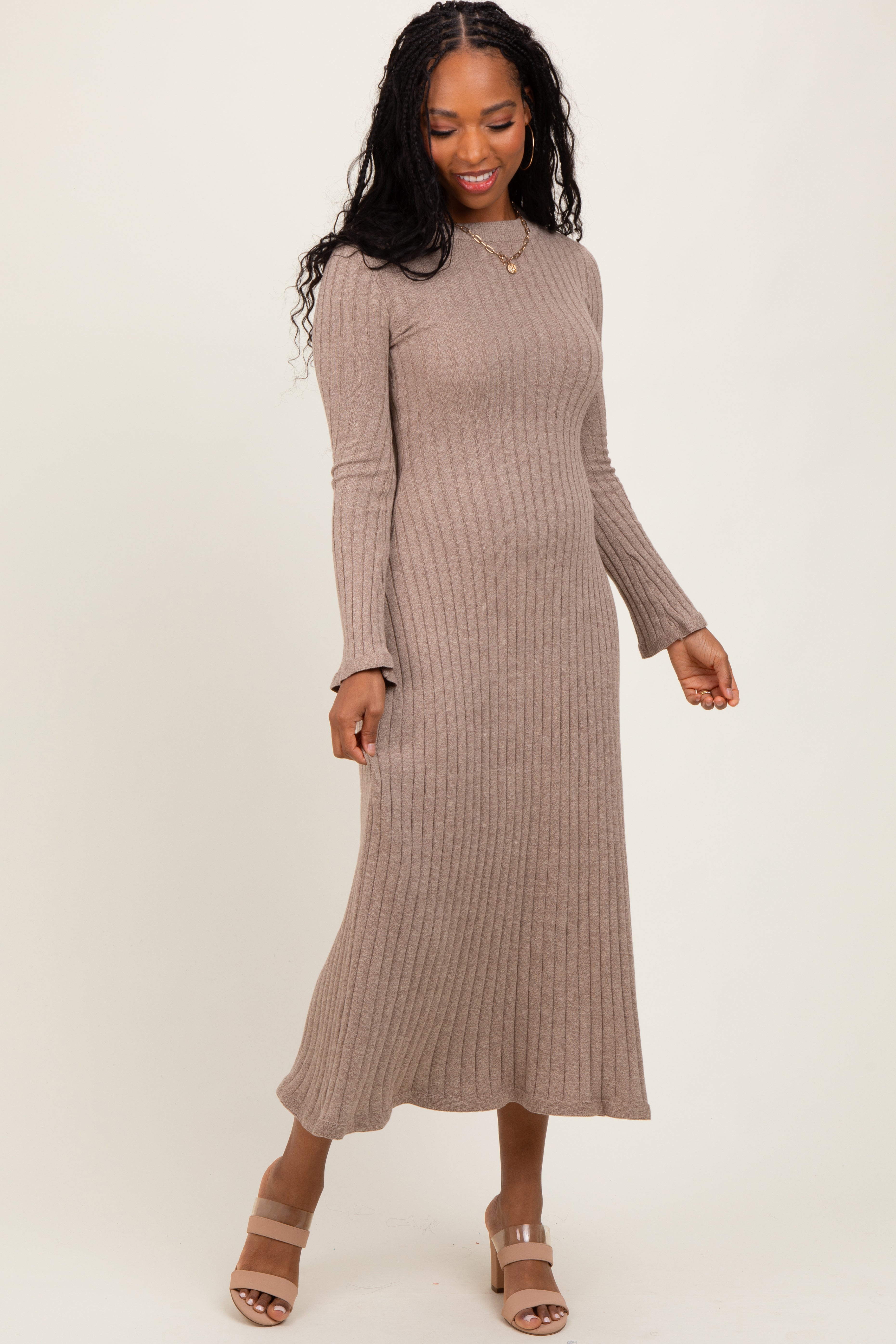 Light Mocha Ribbed Knit Maternity Midi Sweater Dress PinkBlush