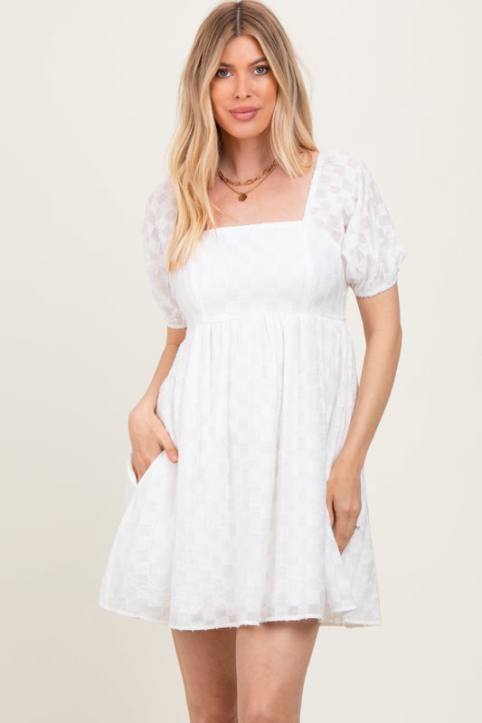 PinkBlush White Smocked Back Textured Babydoll Mini Dress - Main Product Image