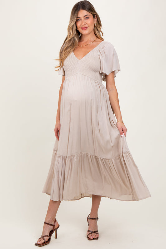 Cream Smocked Flutter Sleeve Midi Dress PinkBlush