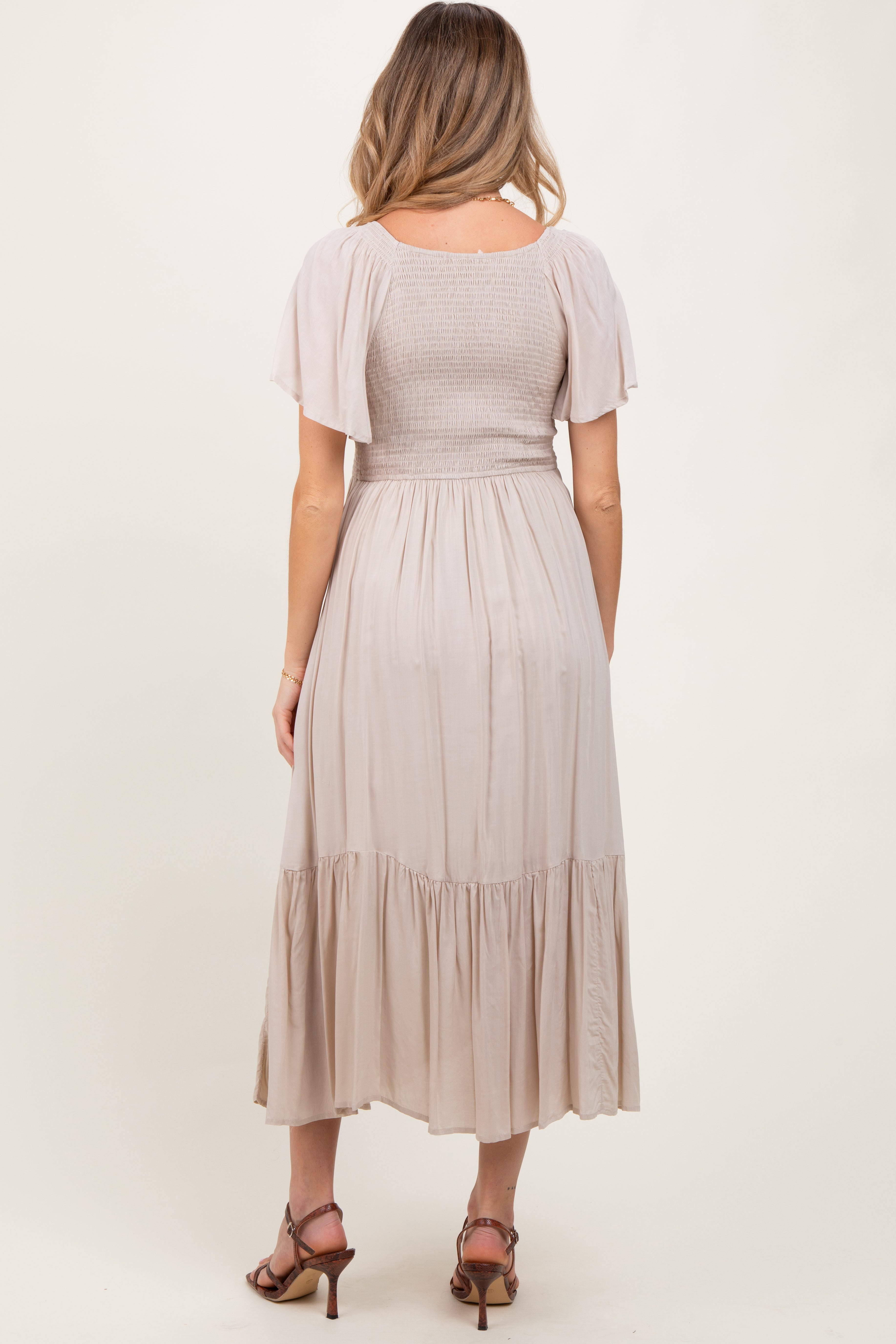 Cream Smocked Flutter Sleeve Midi Dress PinkBlush