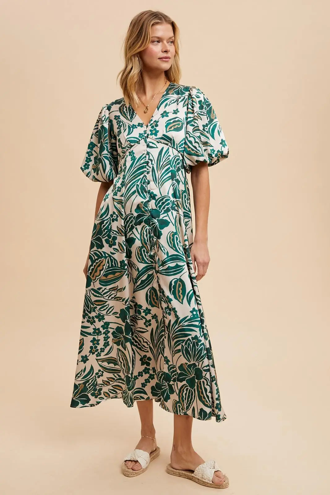 Green Palm Resort Print Satin Floral Button Maternity Maxi Dress PinkBlush