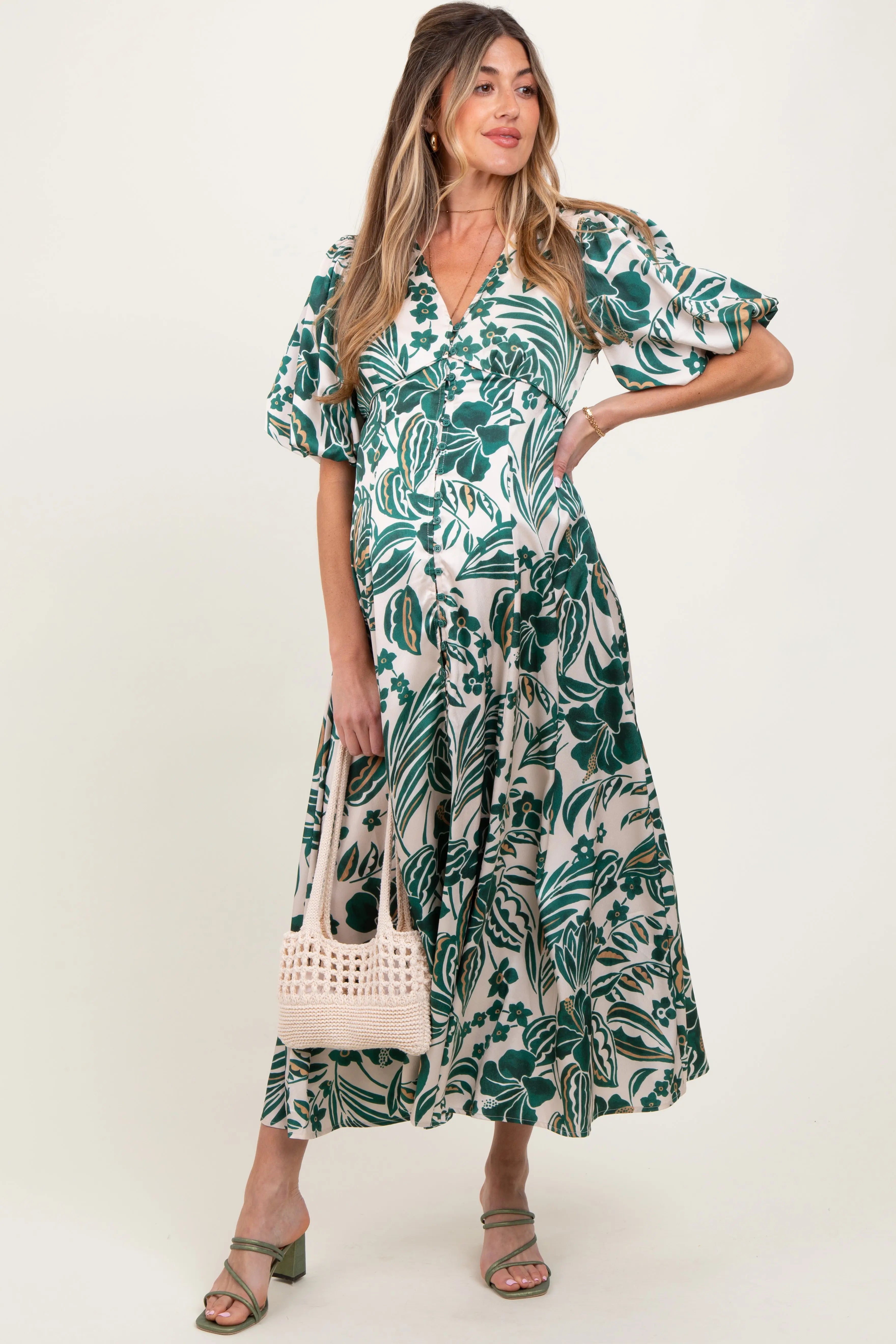 Green Palm Resort Print Satin Floral Button Maternity Maxi Dress PinkBlush