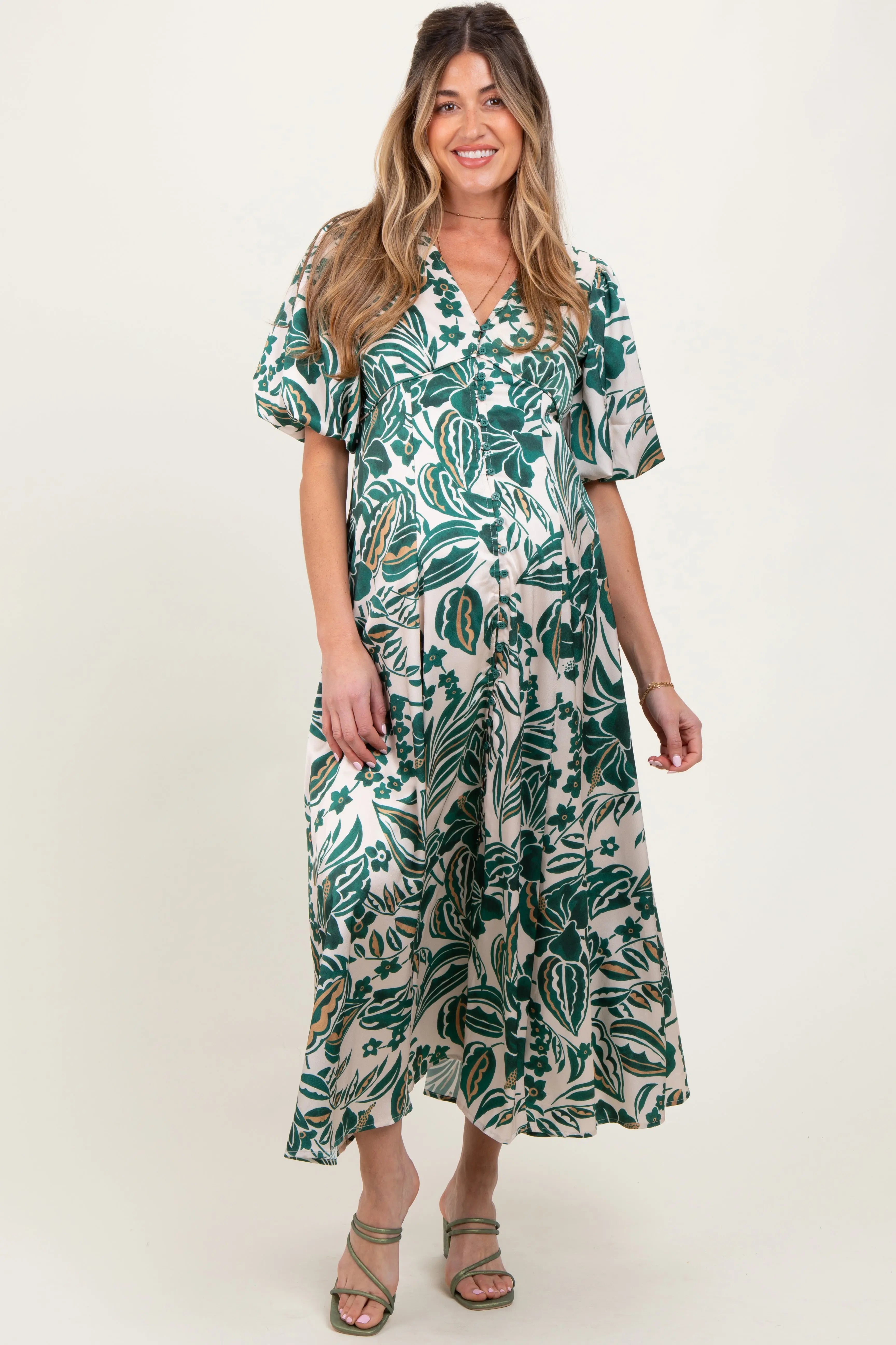 Green Palm Resort Print Satin Floral Button Maternity Maxi Dress PinkBlush