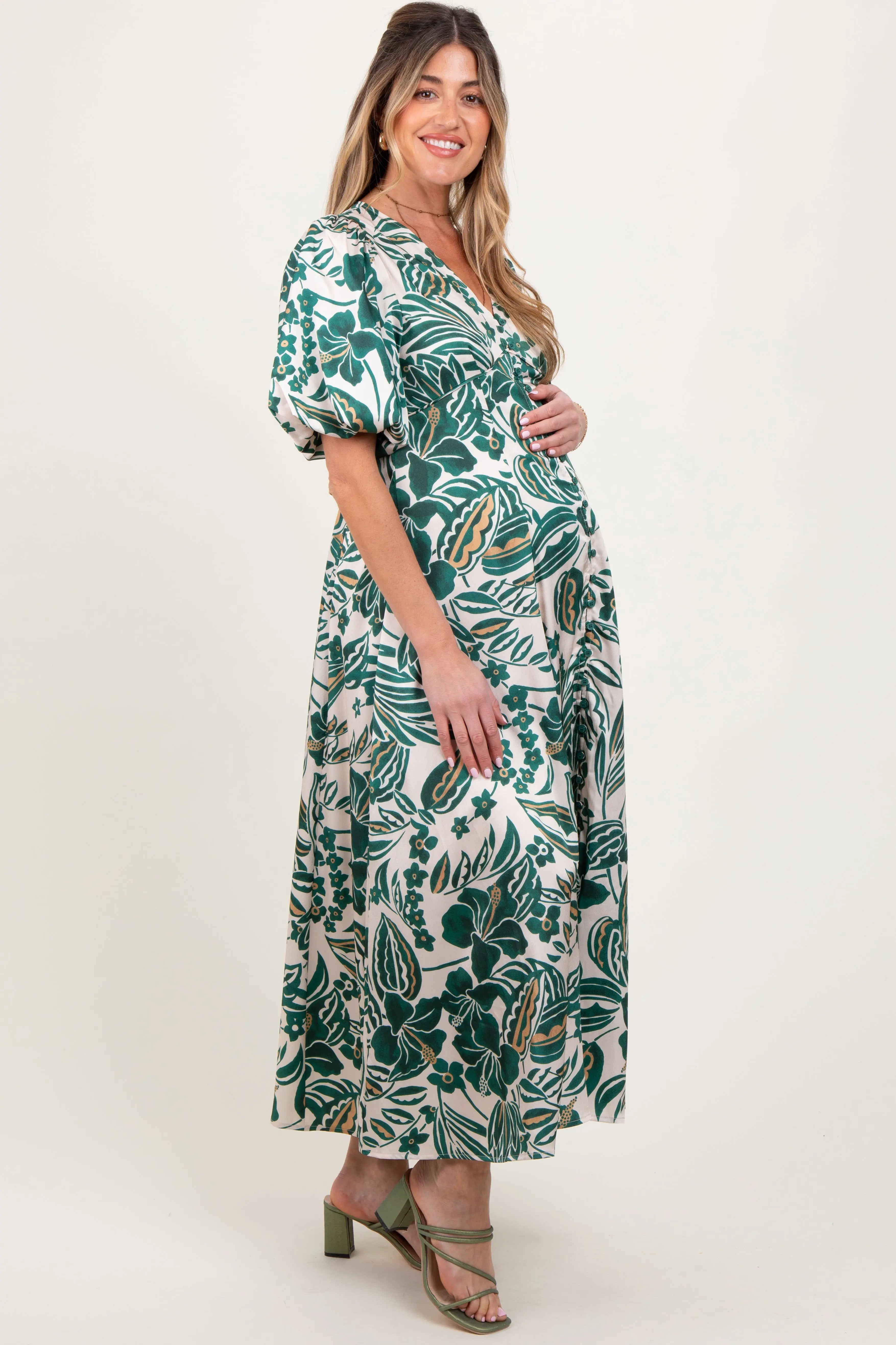 Green Palm Resort Print Satin Floral Button Maternity Maxi Dress PinkBlush