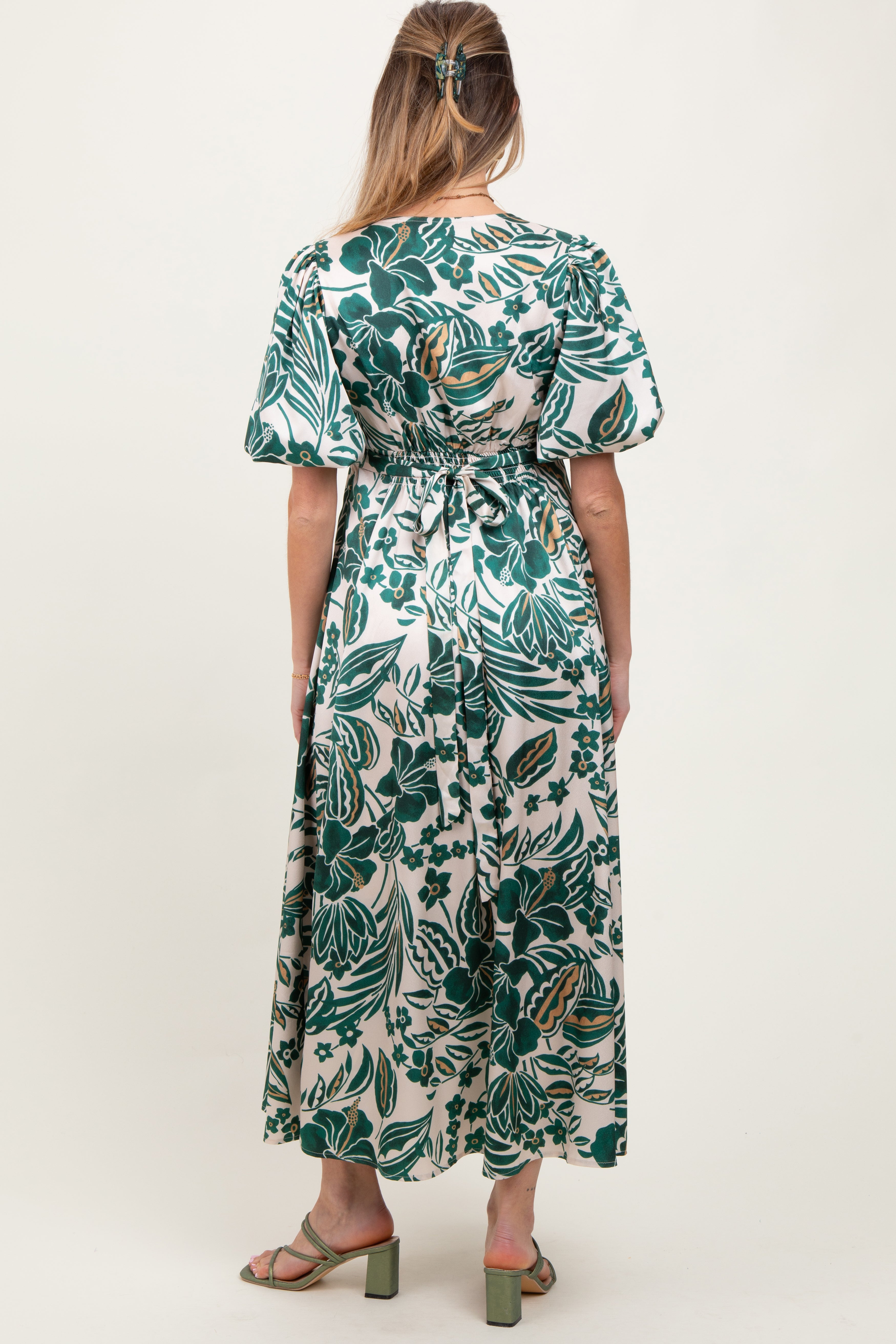 Green Palm Resort Print Satin Floral Button Maternity Maxi Dress PinkBlush