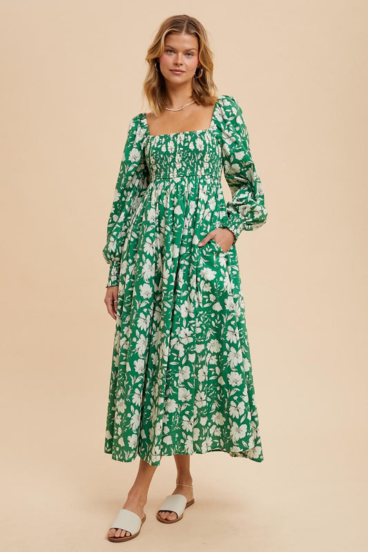 Green Smocked Cotton Floral Maxi Dress PinkBlush